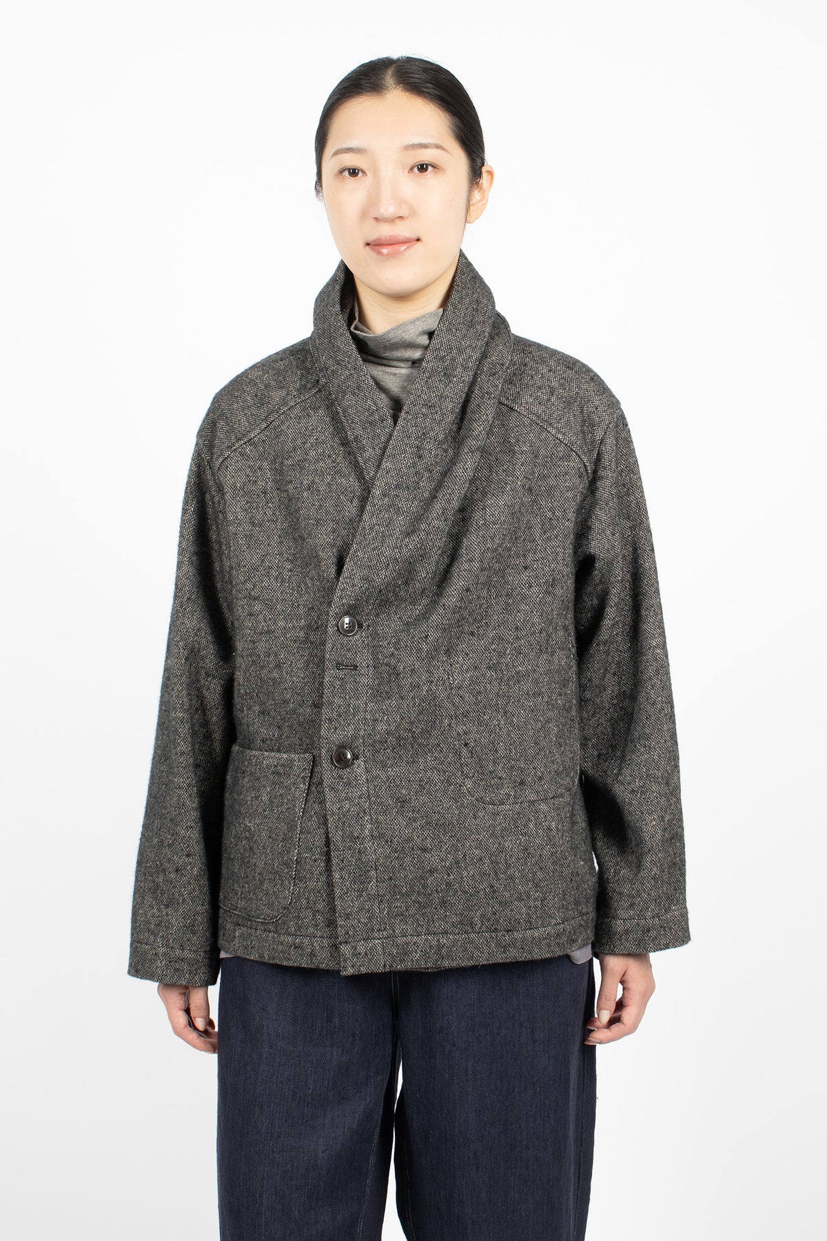 Shawl Collar Wool Linen Asymmetric Jacket Charcoal