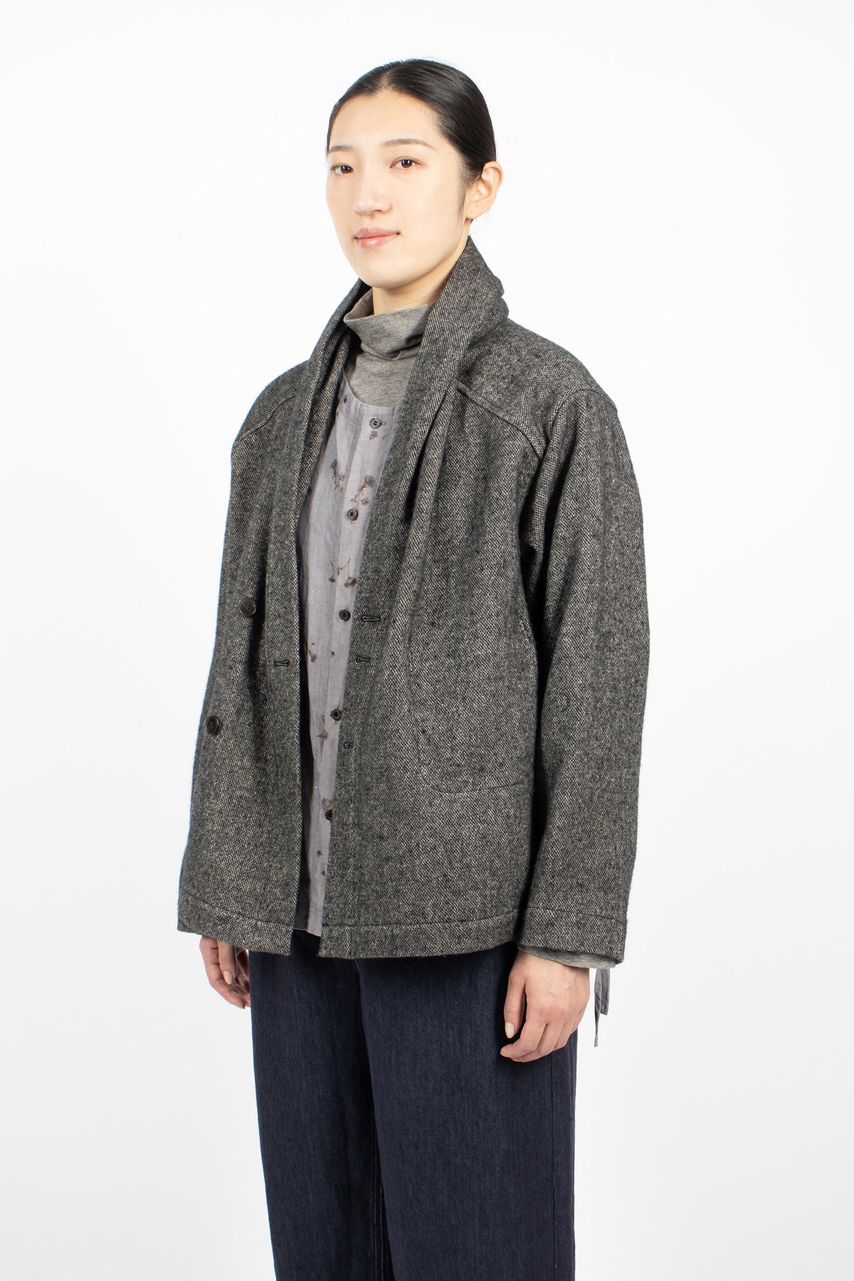Shawl Collar Wool Linen Asymmetric Jacket Charcoal