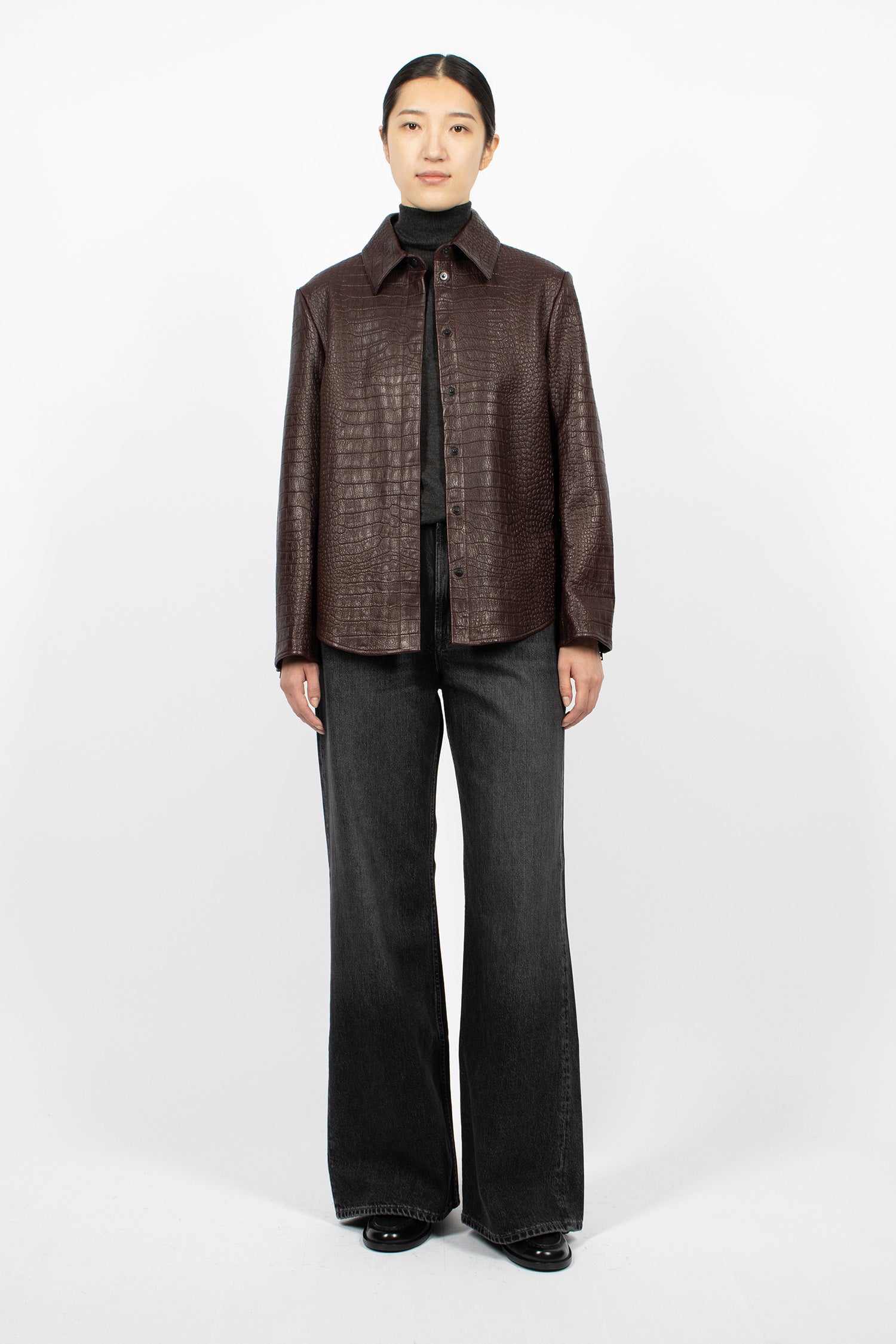 Leather Shirt Jacket Burgundy