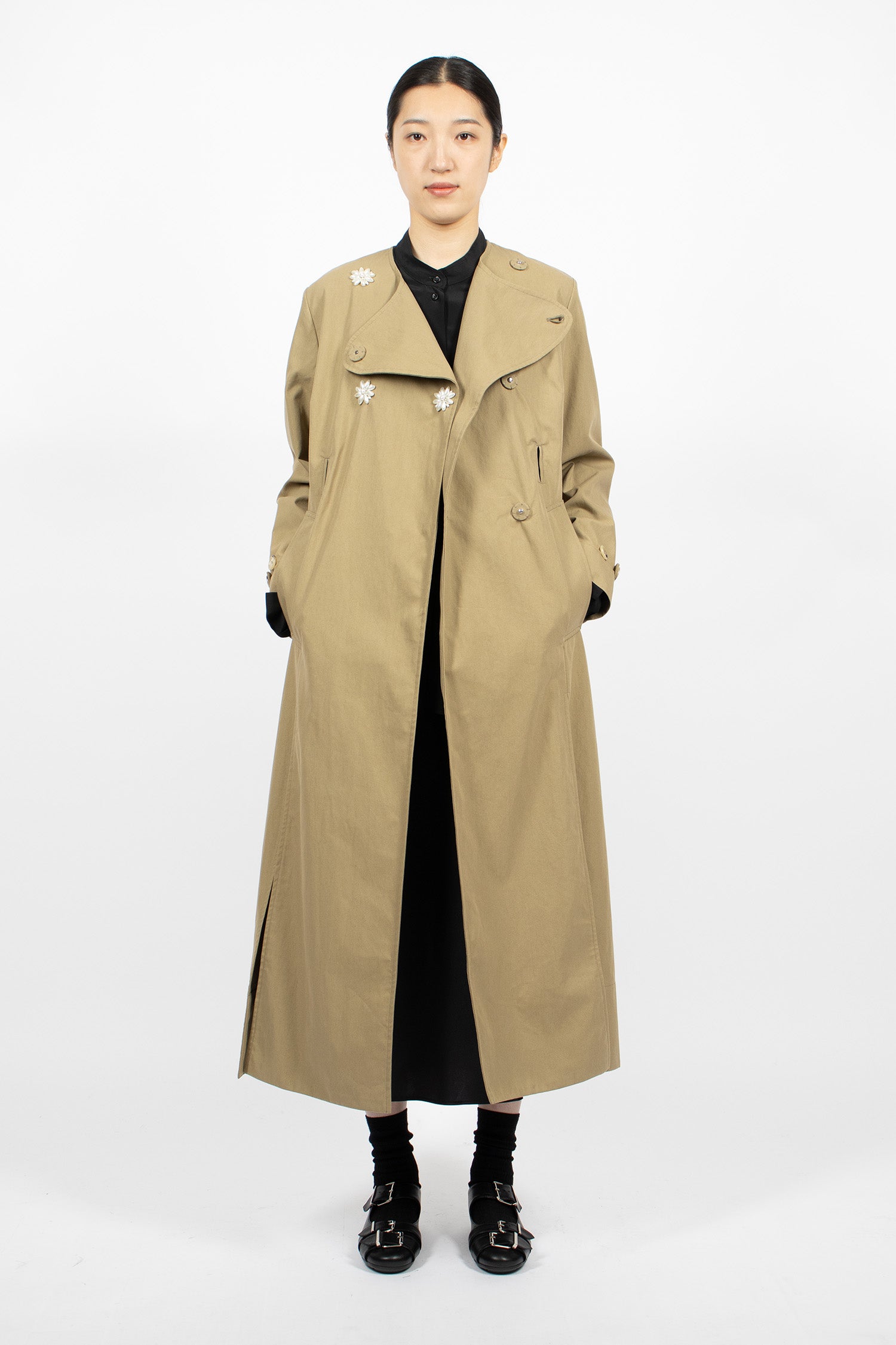 Belted Long Multi Slit Trench Coat Stone/Pearl