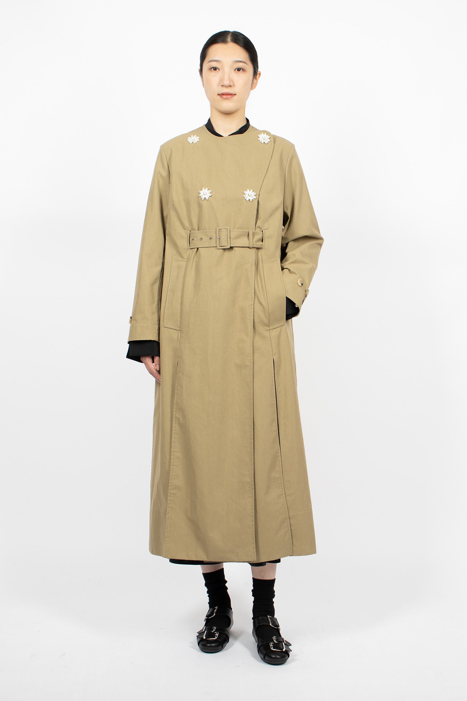 Belted Long Multi Slit Trench Coat Stone/Pearl