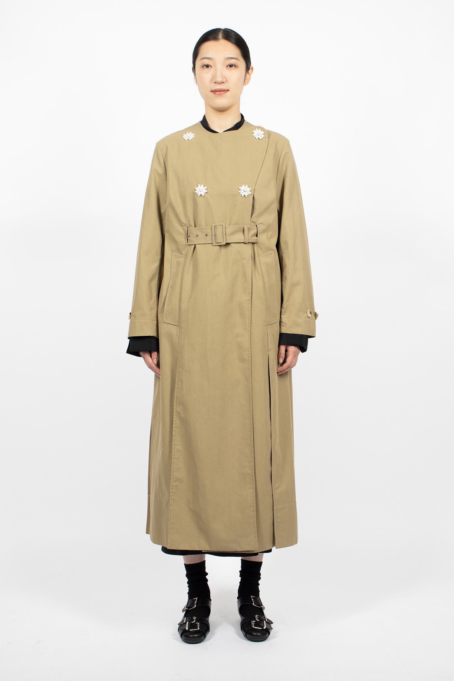 Belted Long Multi Slit Trench Coat Stone/Pearl