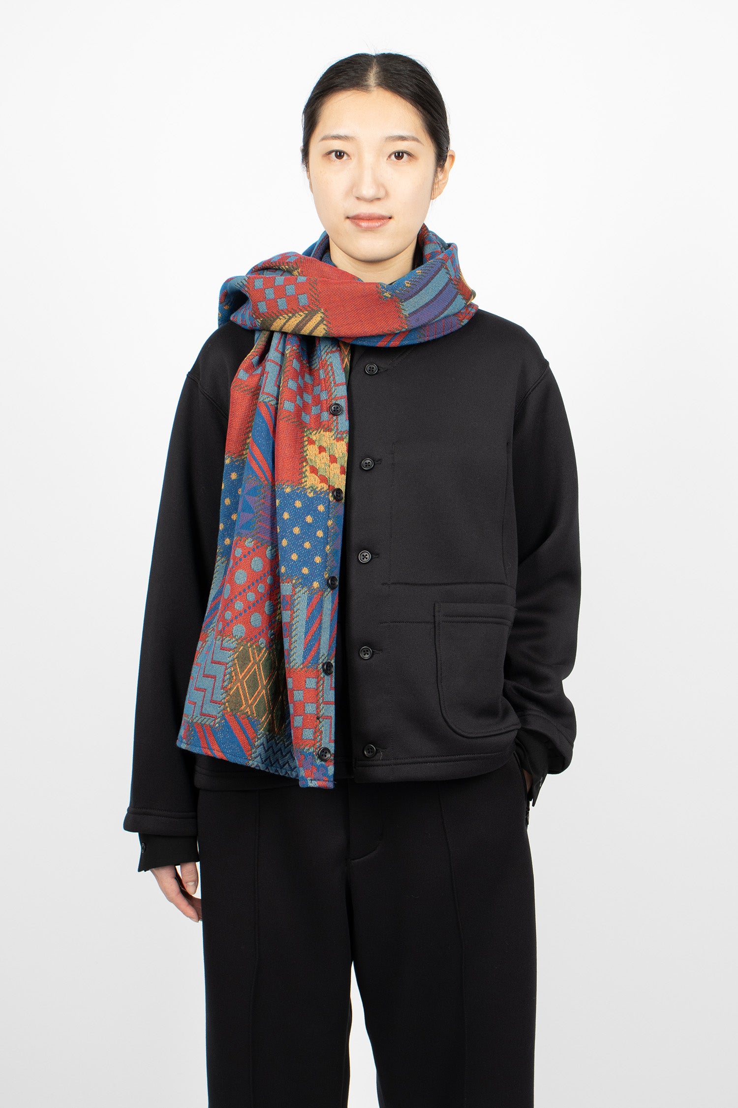 Button Shawl Multicolour Geometric Jacquard