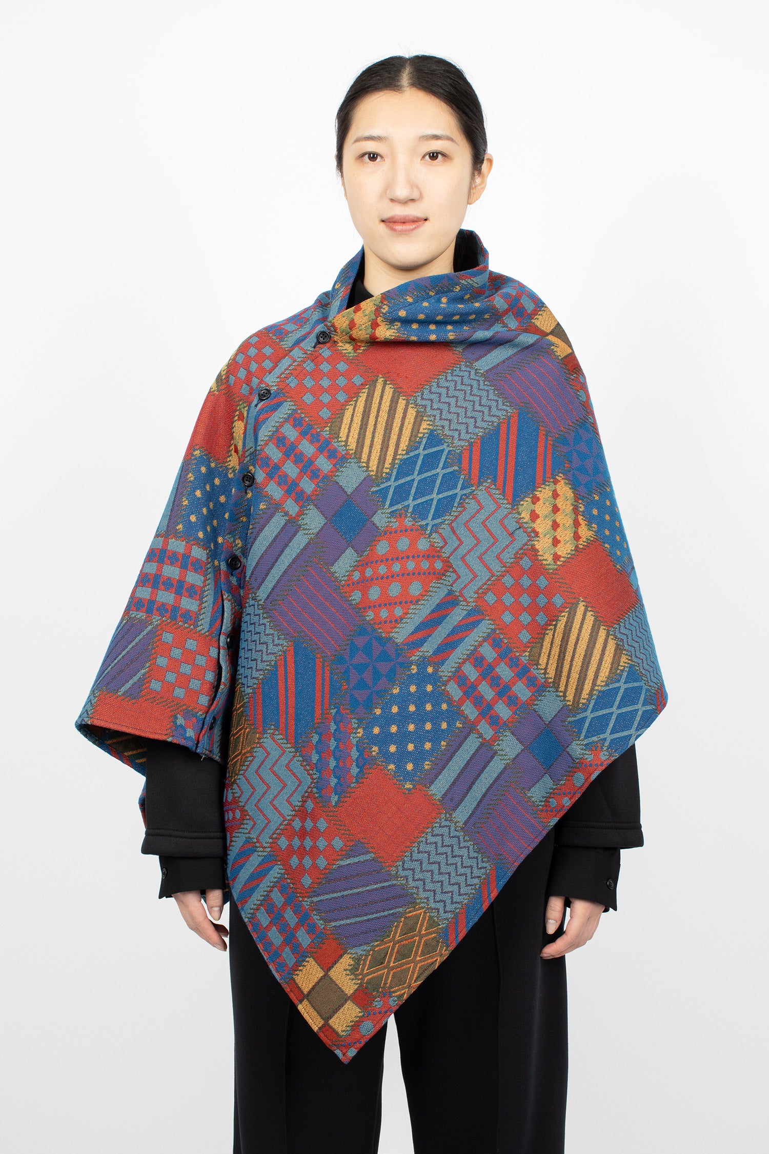 Button Shawl Multicolour Geometric Jacquard