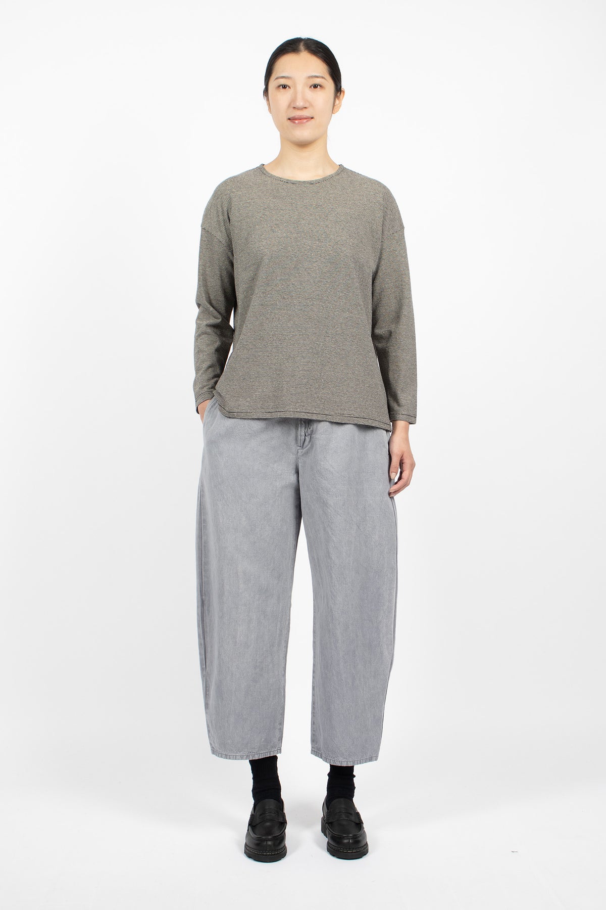 Cotton Hemp Plainstitch L/S T-Shirt Black Stripe