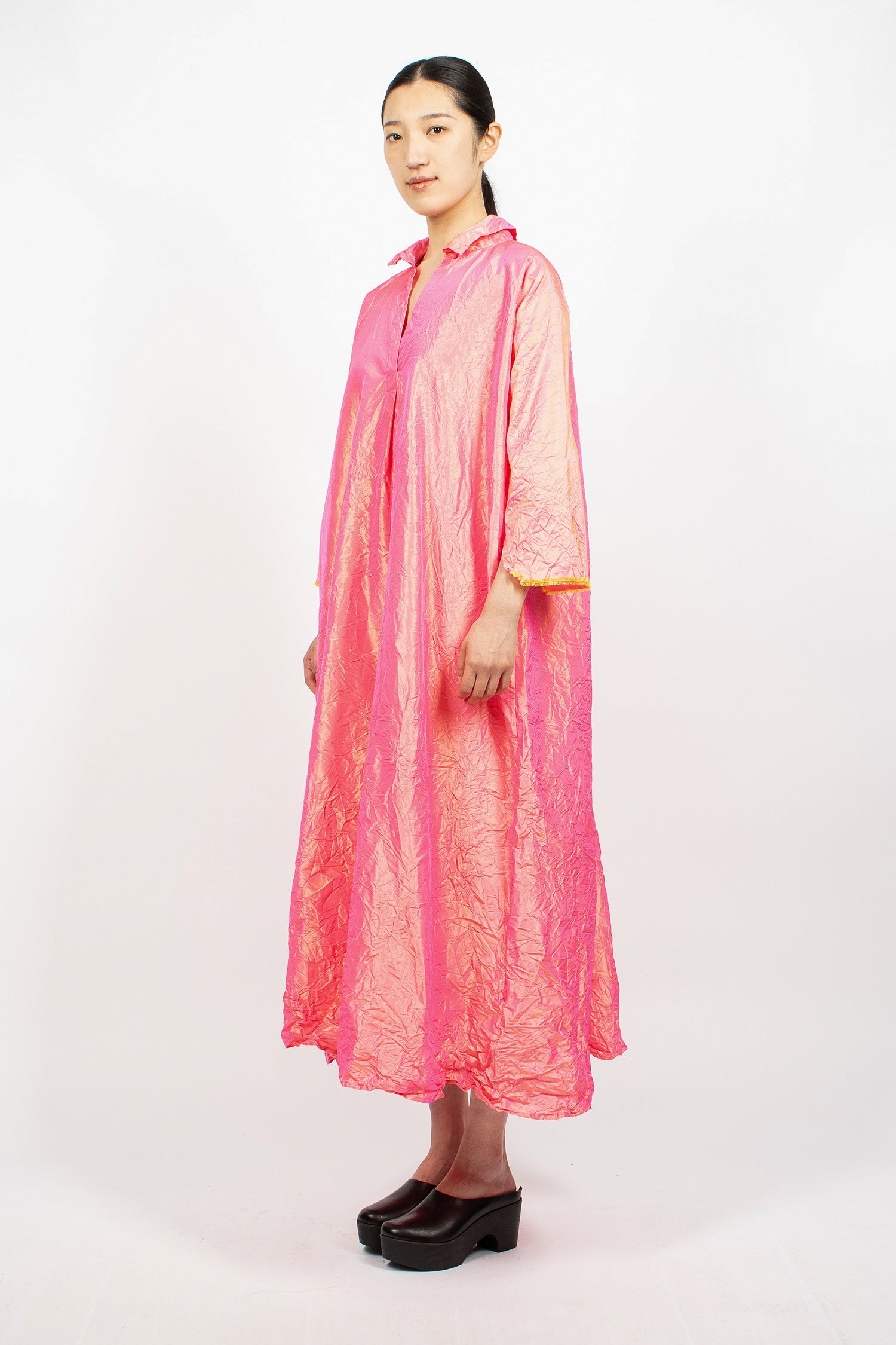 Notched Collar Taffeta Silk Dress Fuchsia/Saffron
