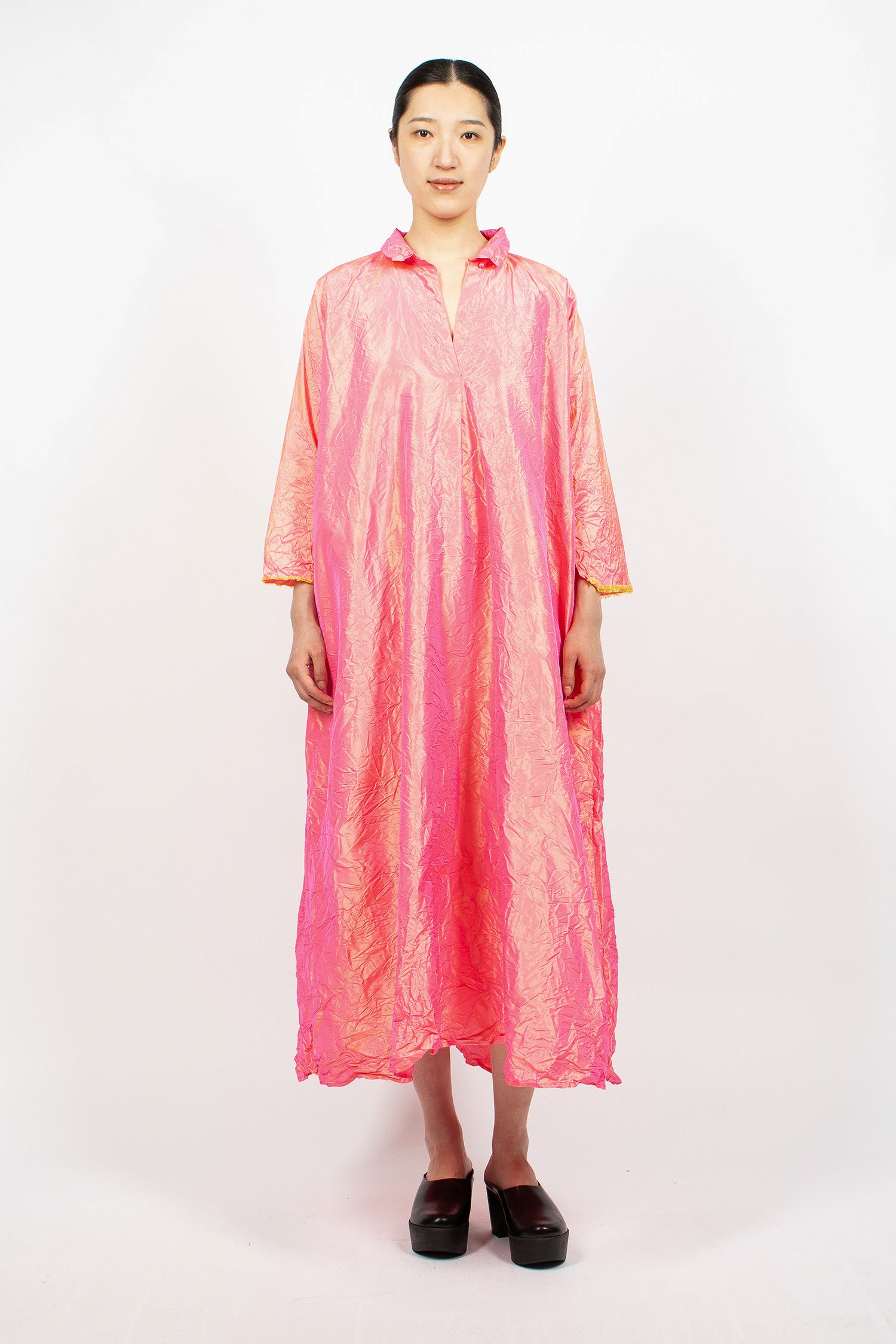 Notched Collar Taffeta Silk Dress Fuchsia/Saffron