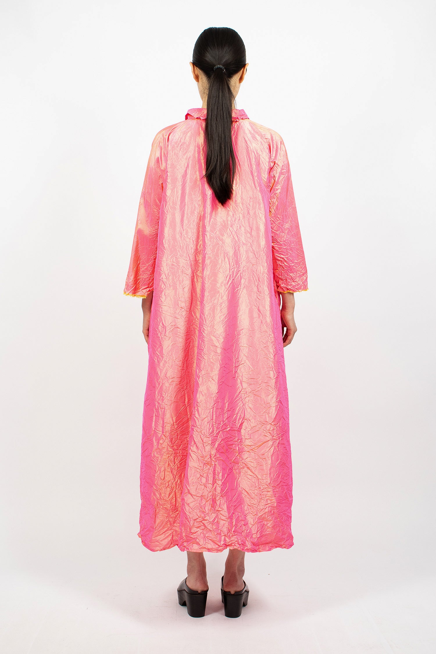 Notched Collar Taffeta Silk Dress Fuchsia/Saffron