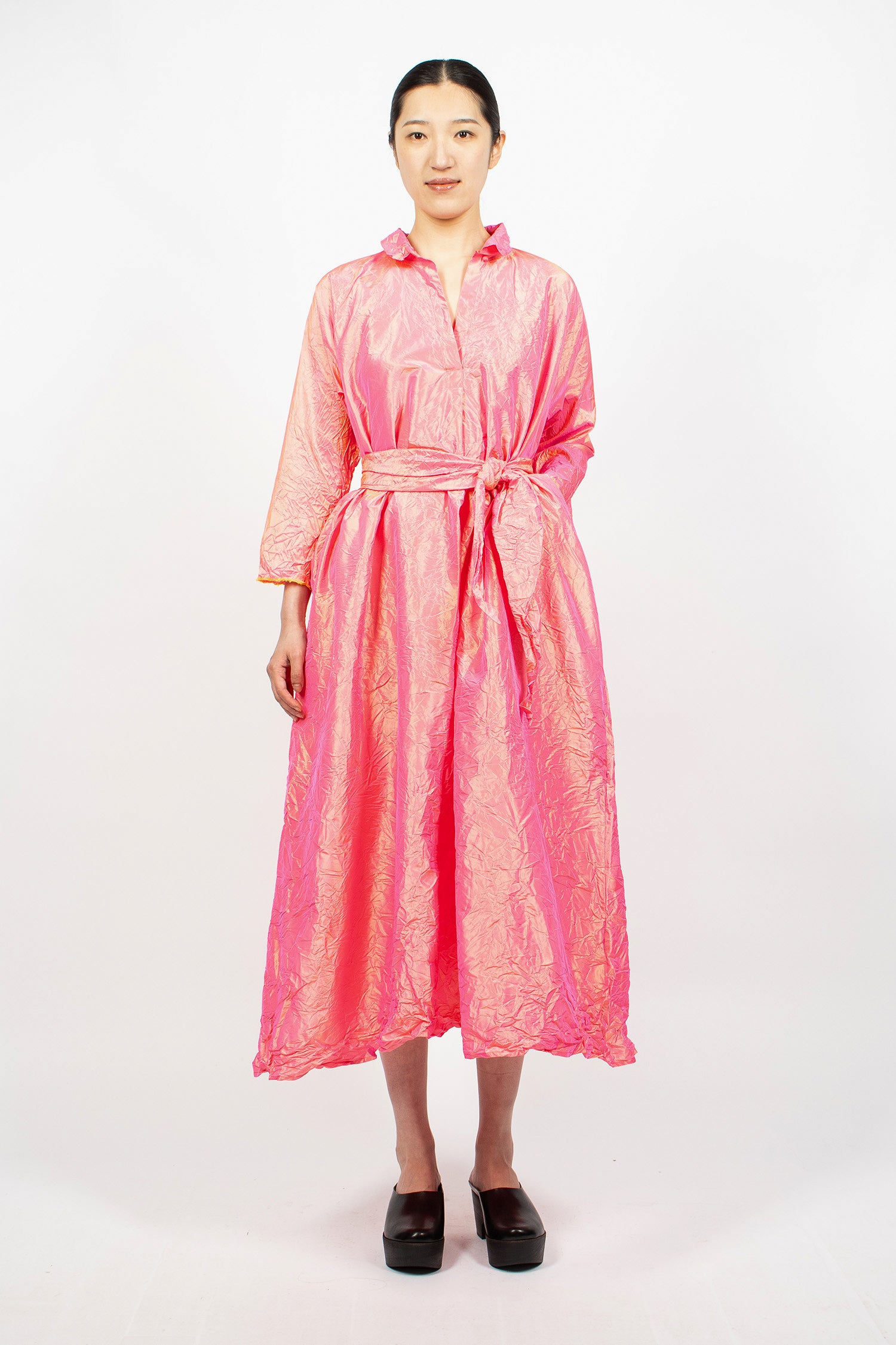 Notched Collar Taffeta Silk Dress Fuchsia/Saffron
