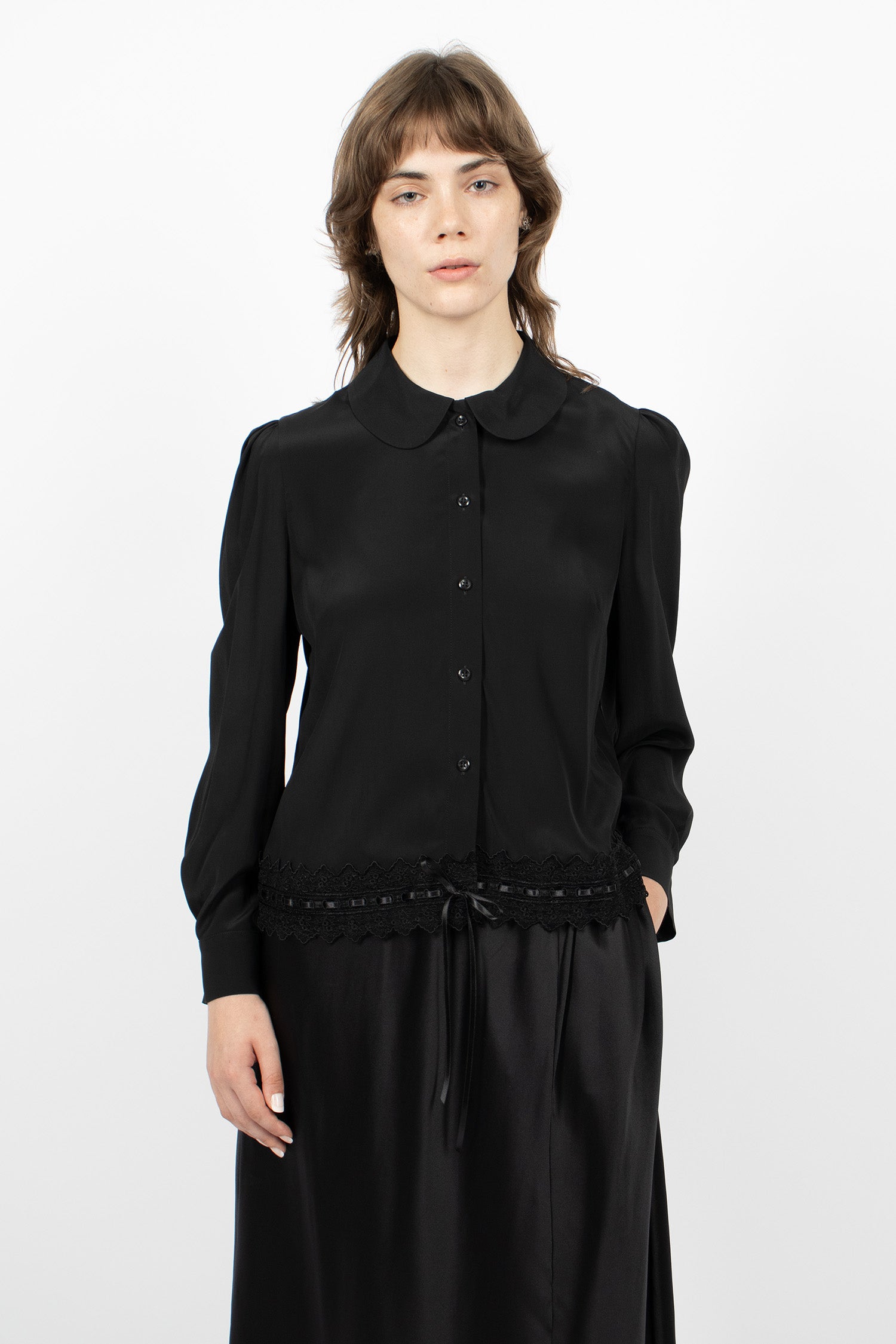 Cropped Ribbon Trim Round Collar Shirt Black