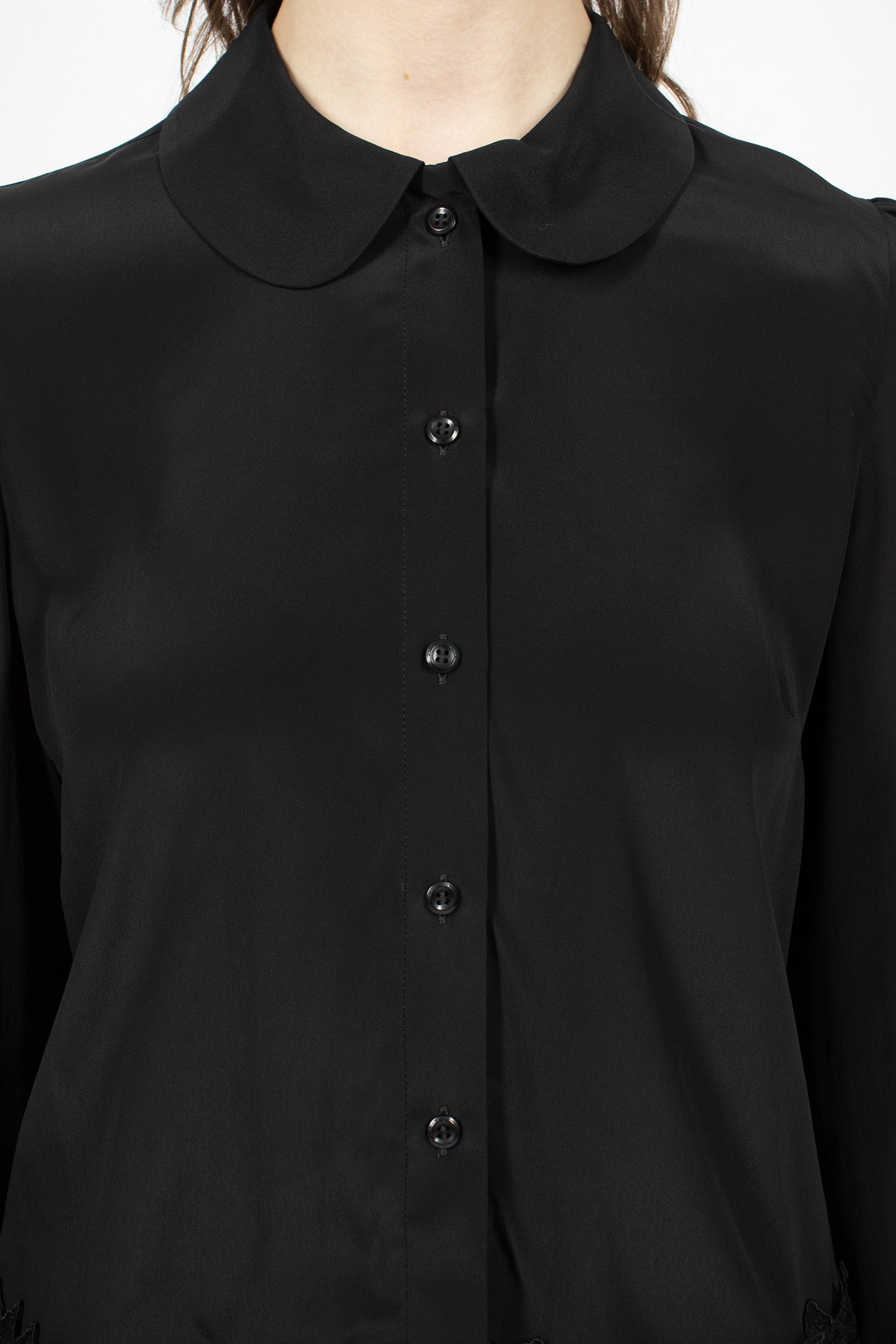 Cropped Ribbon Trim Round Collar Shirt Black