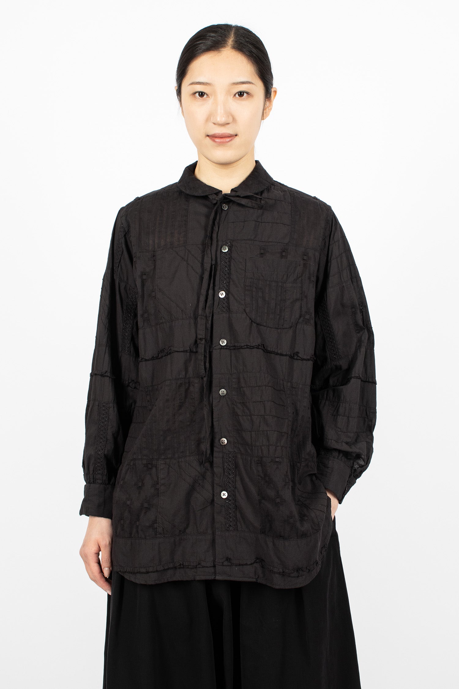 Rounded Collar Shirt Black Patchwork