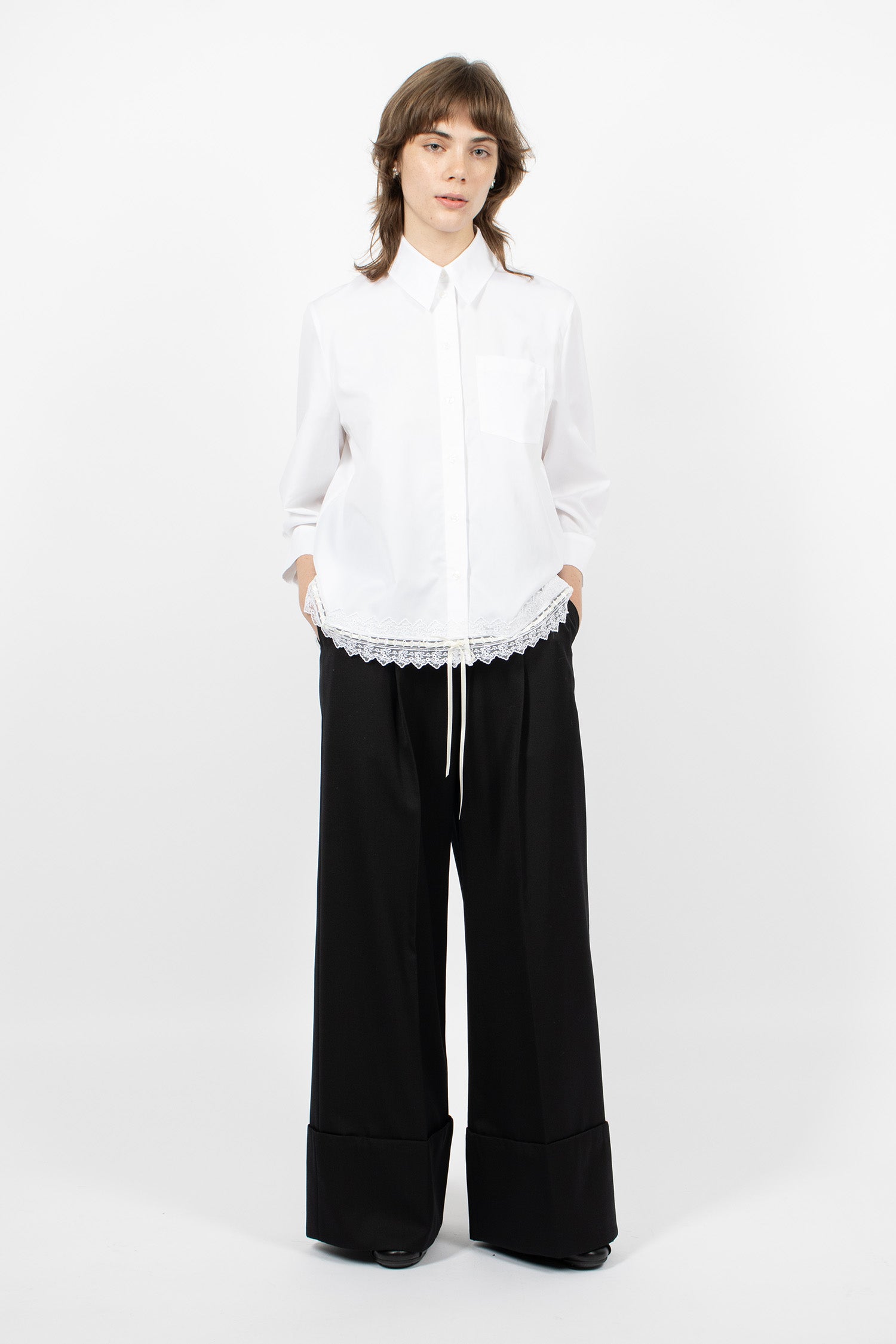 Cropped Ribbon Trim Masculine Shirt White