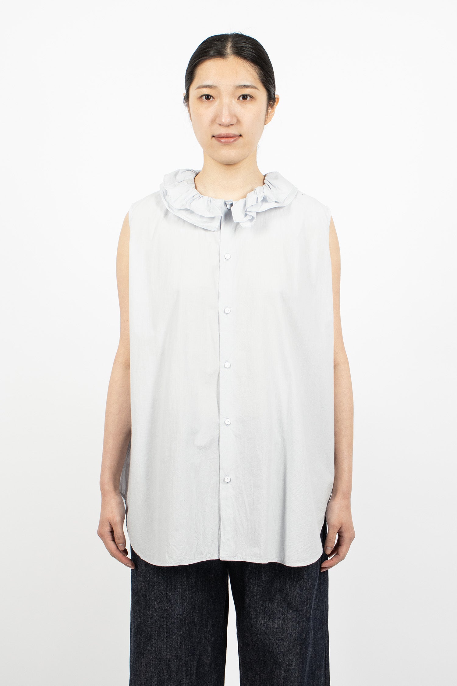 Ruffle Collar Sleeveless Shirt Smoke Sax Blue
