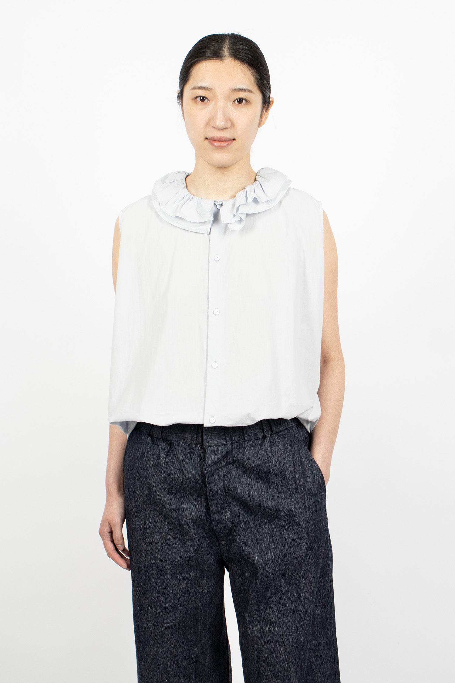 Ruffle Collar Sleeveless Shirt Smoke Sax Blue