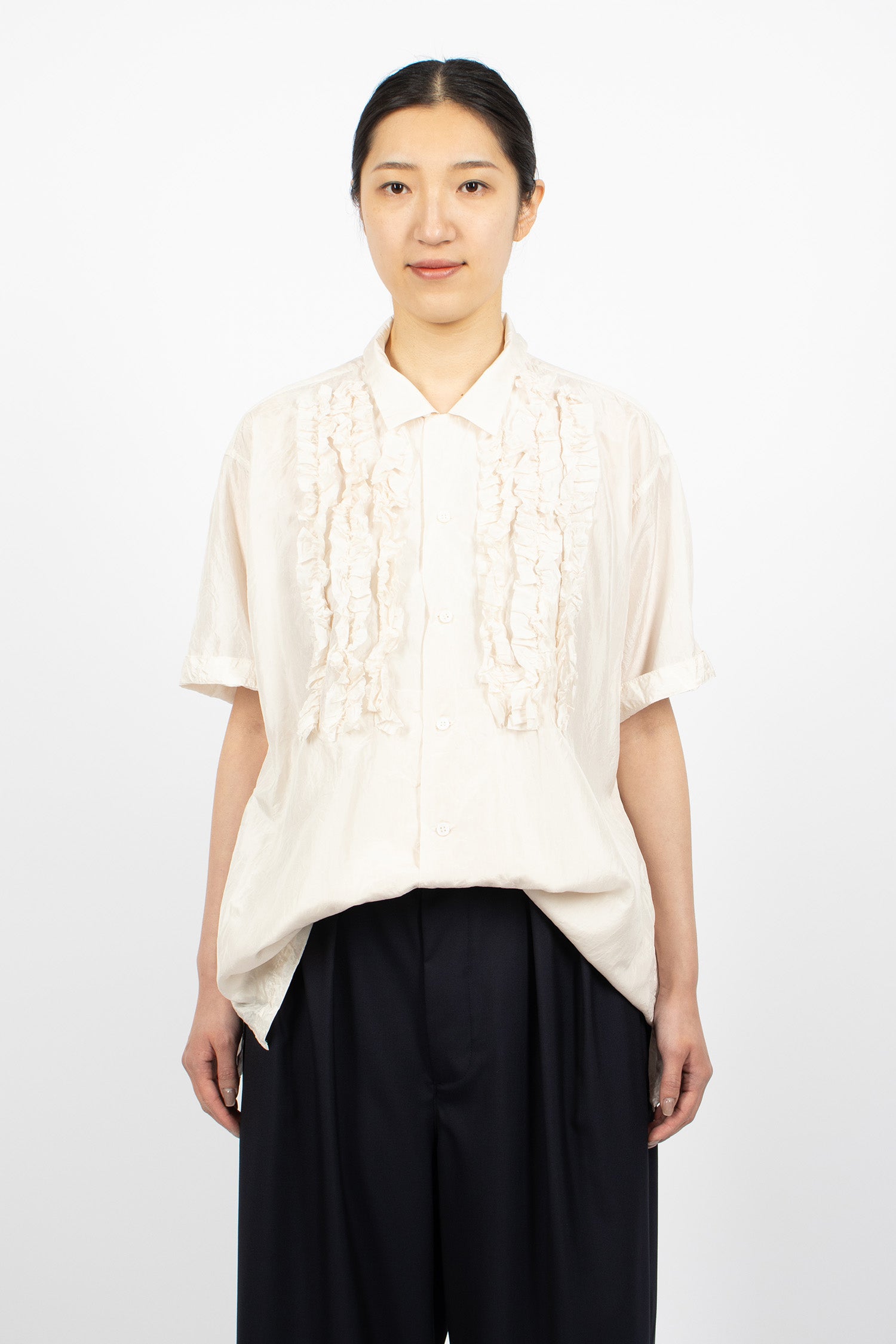 S/S Frill Silk Shirt Ivory