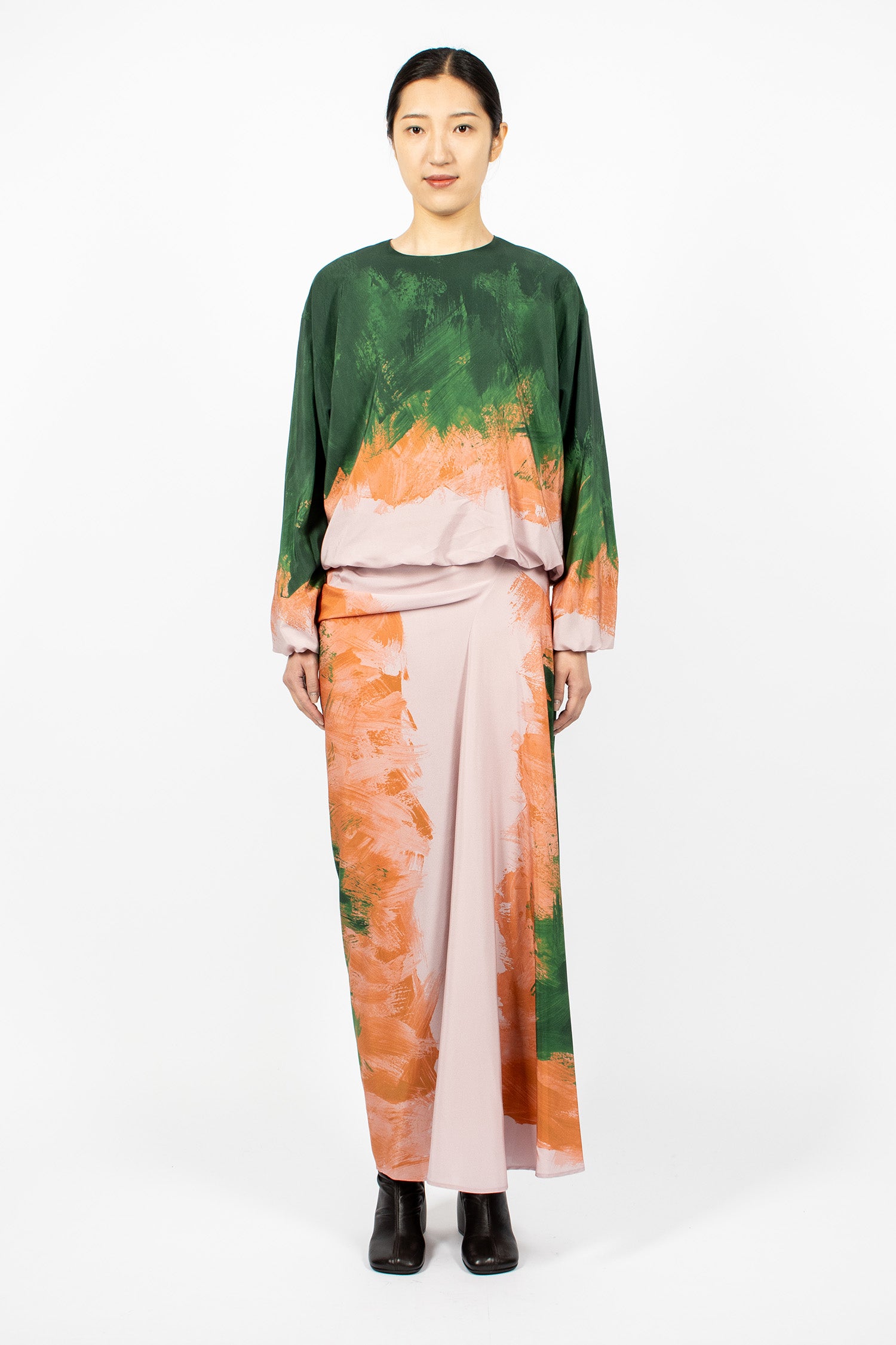 Long Draped Silk Skirt Green