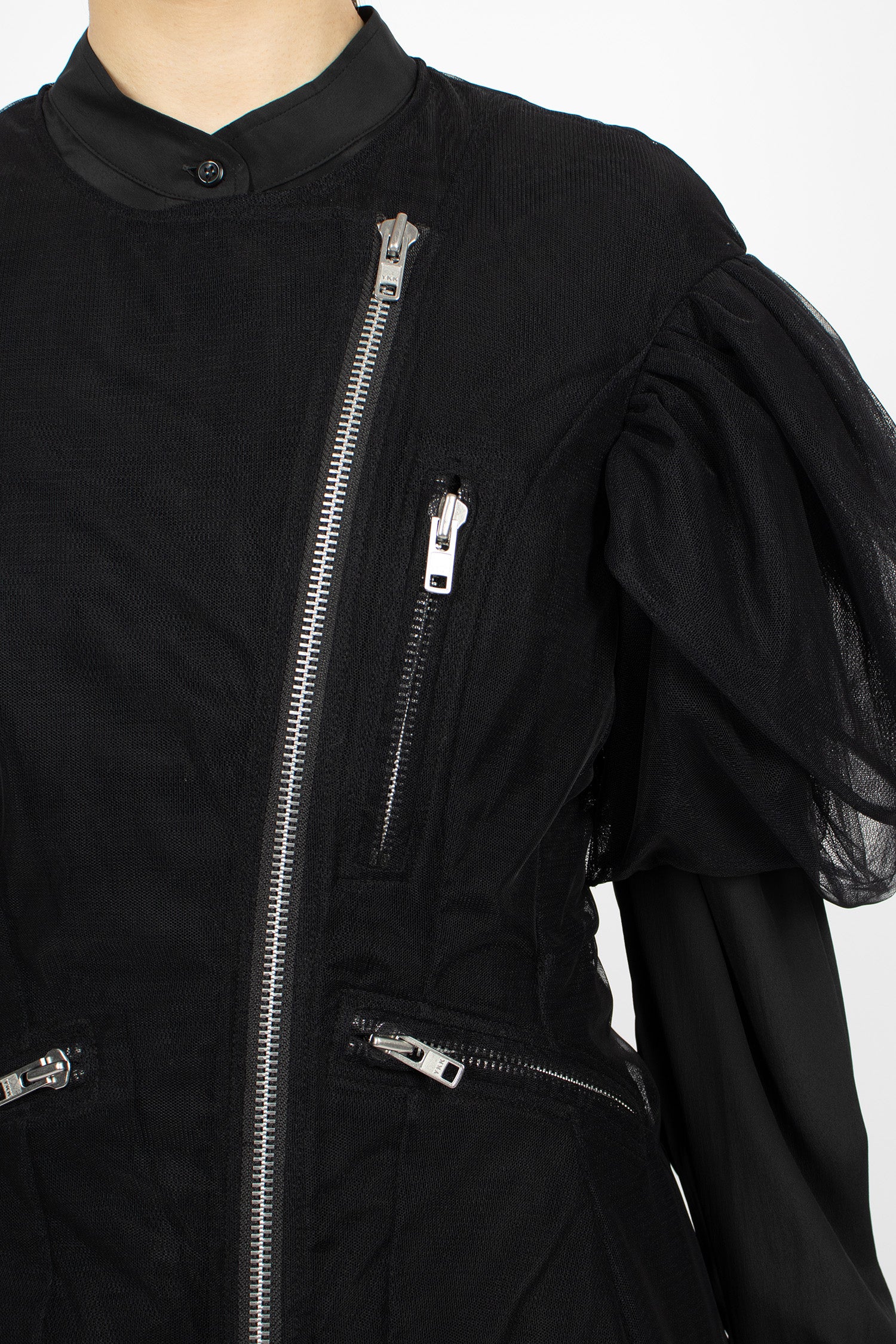 Sheer Sculpted Petal Sleeve Biker Dress Black