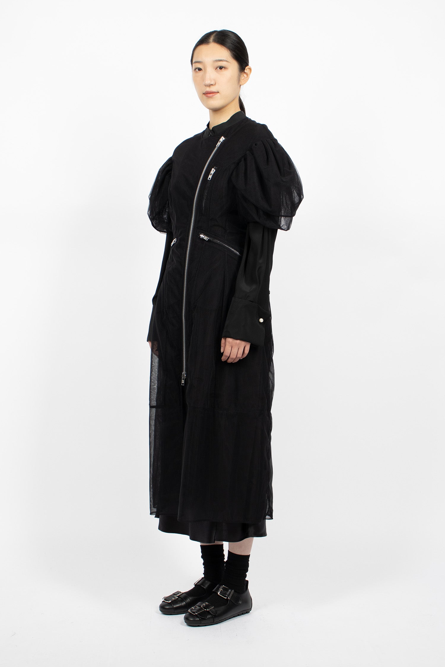 Sheer Sculpted Petal Sleeve Biker Dress Black