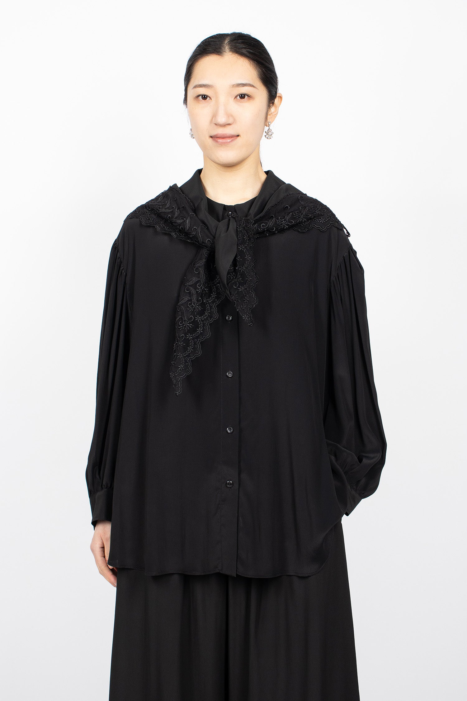 Pointed Collar Lace Trim Shirt Black