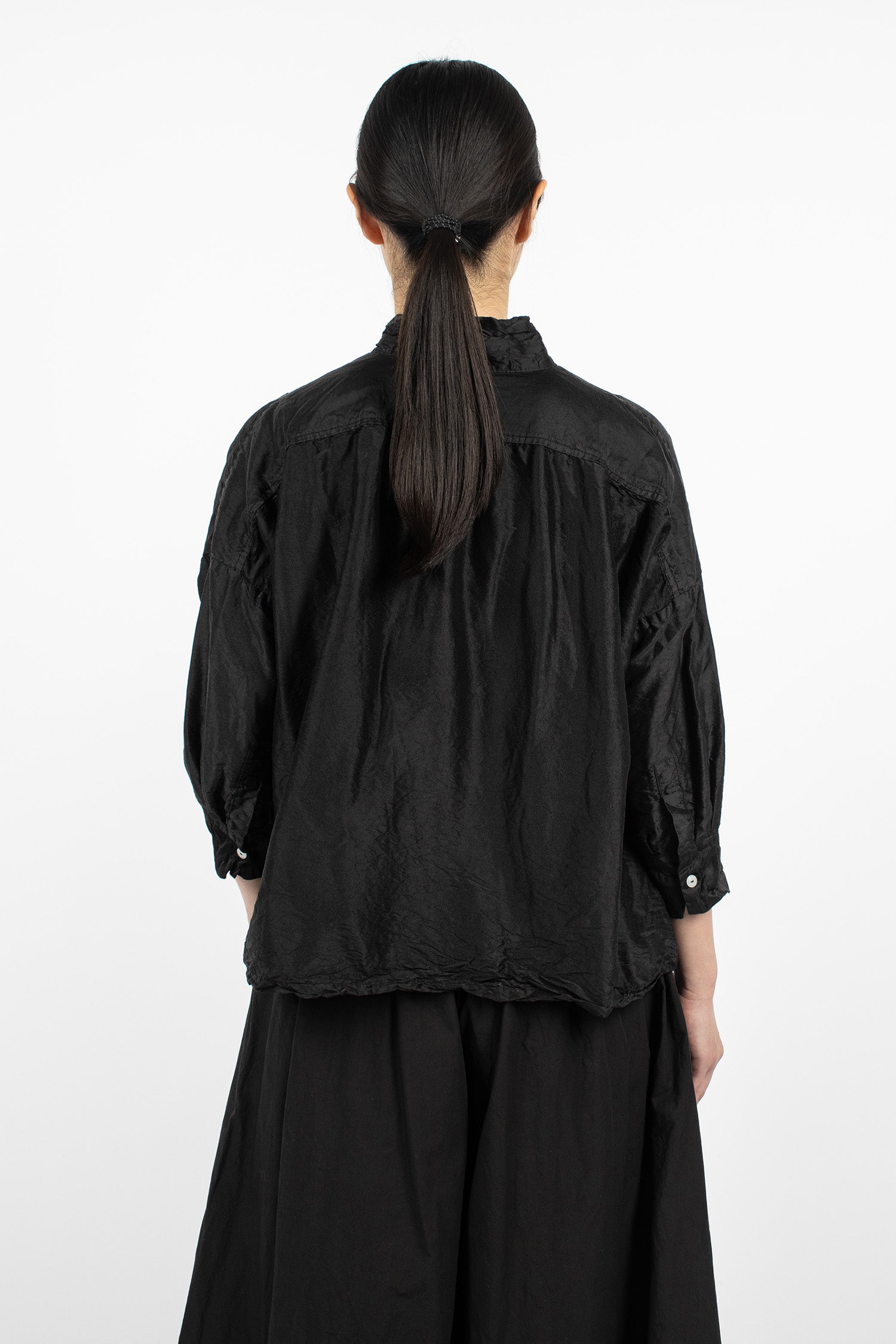 Long Square Silk Shirt Black