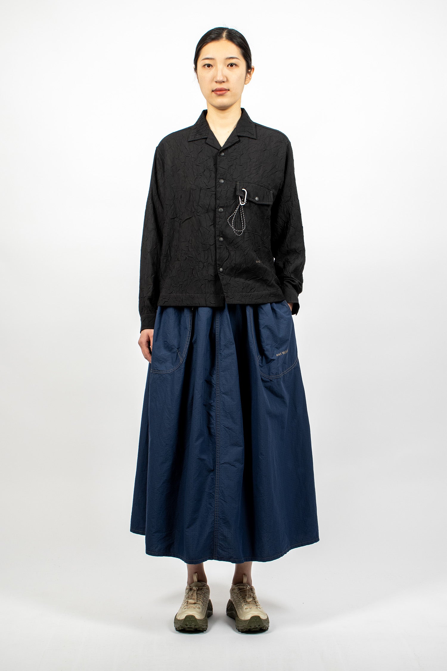 Washer Pleated Open LS Shirt Black