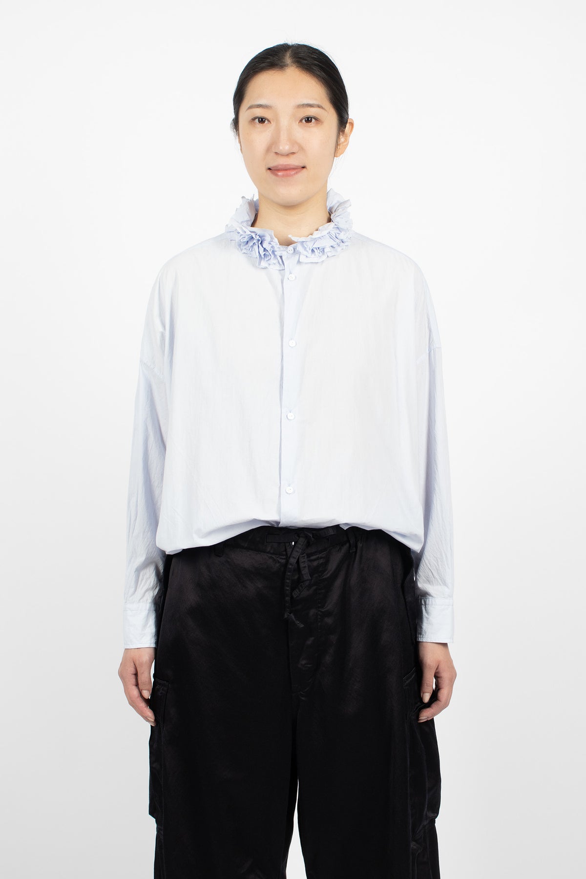 Neck Ruffle Shirt Sax Blue
