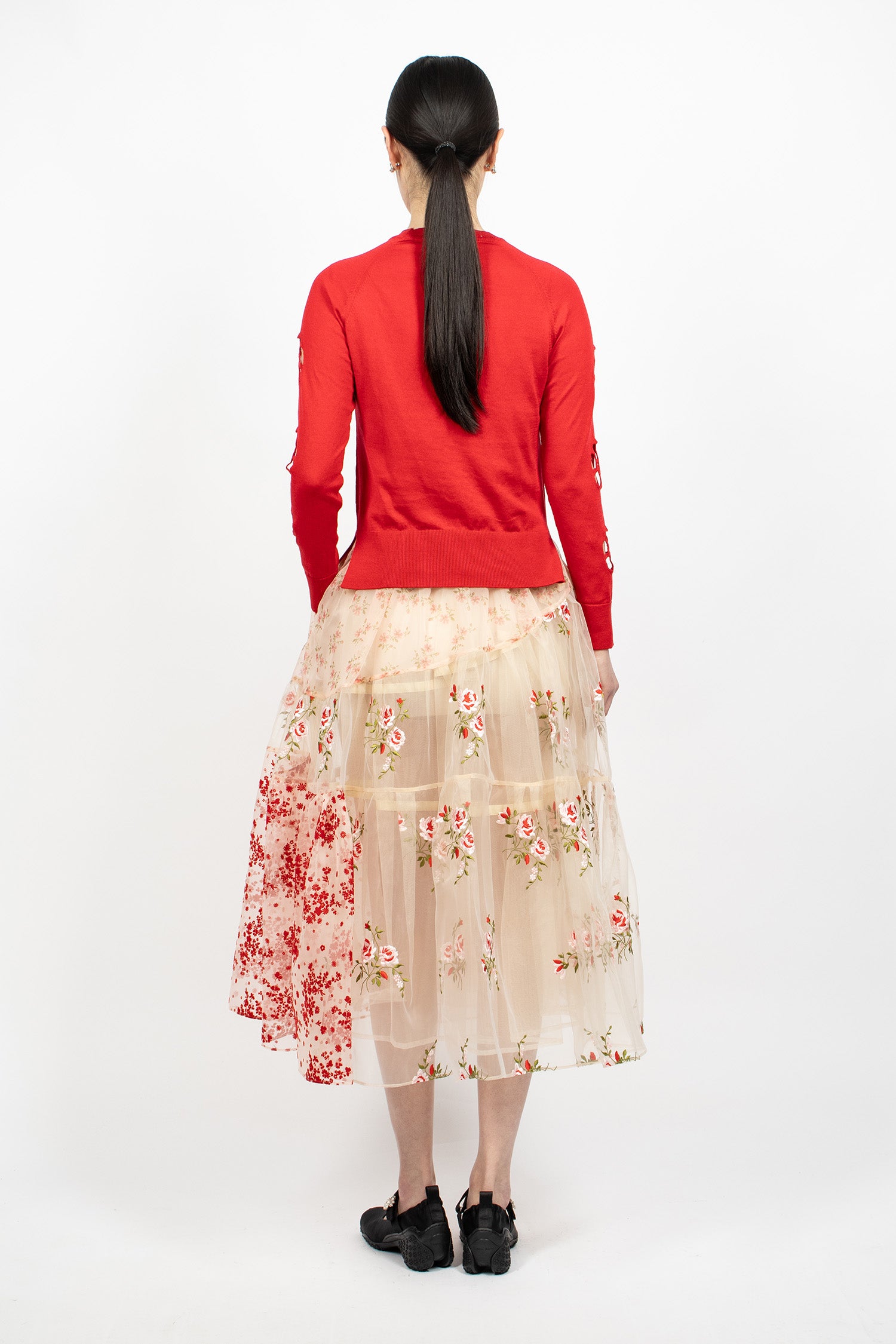 Sheer Overlay Long Patchwork Flounce Skirt Nude Patchwork/Taupe
