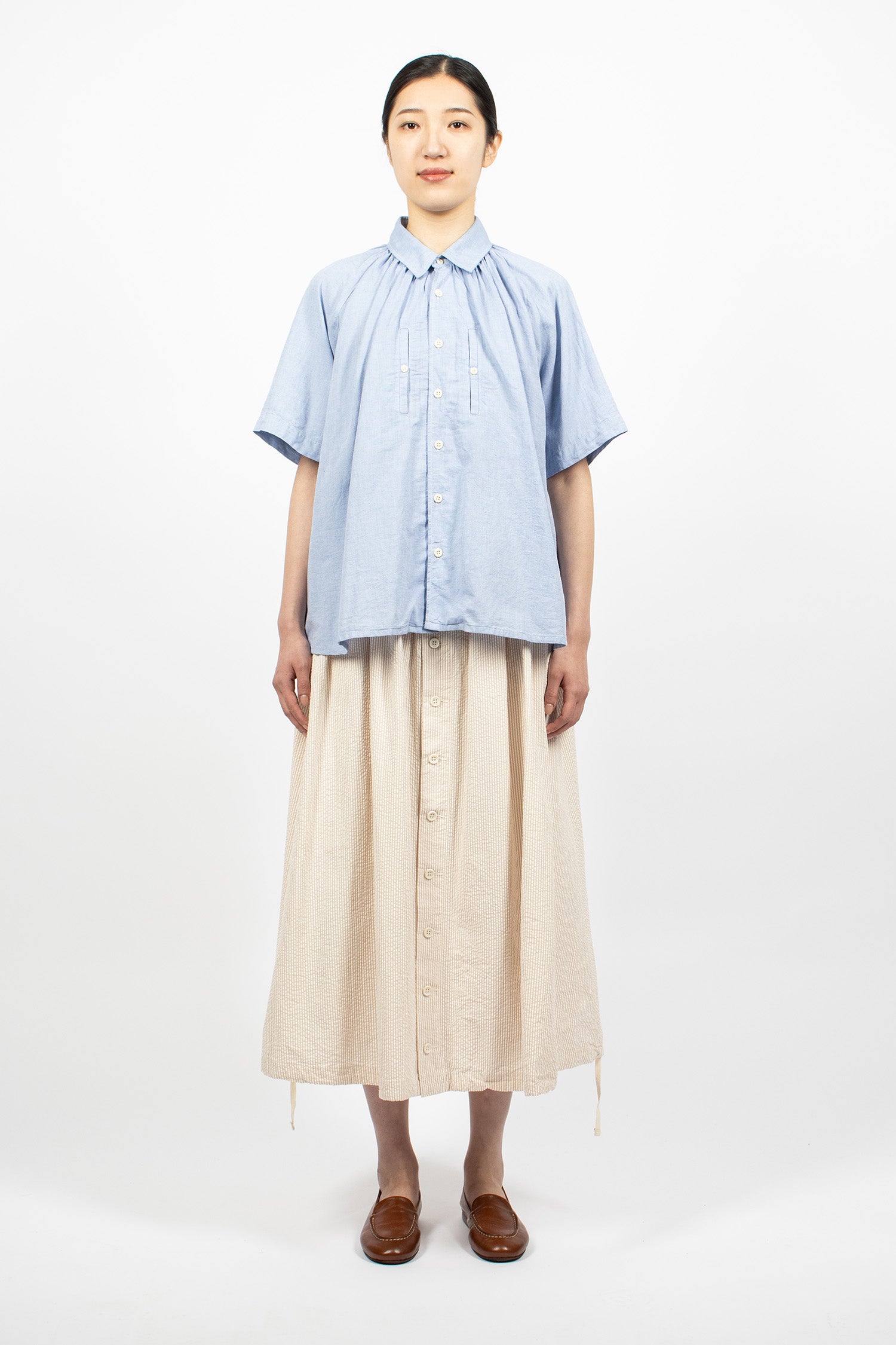 Gathered Seersucker Skirt Beige Stripe