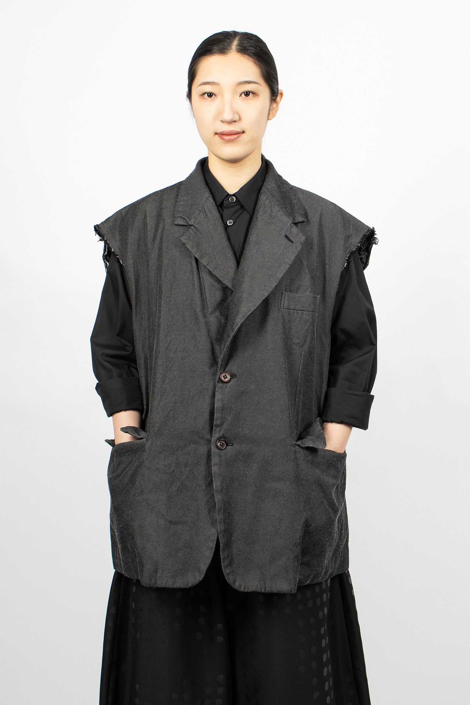 Distressed Sleeveless Jacket Black Twill