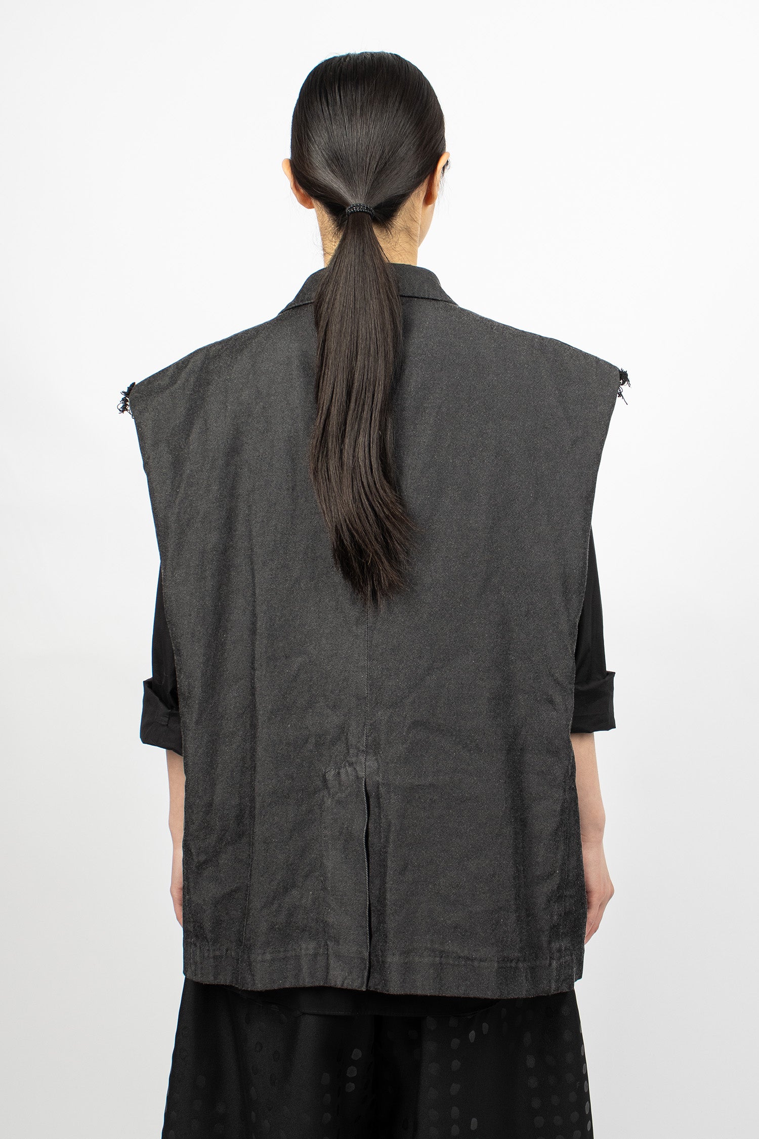 Distressed Sleeveless Jacket Black Twill