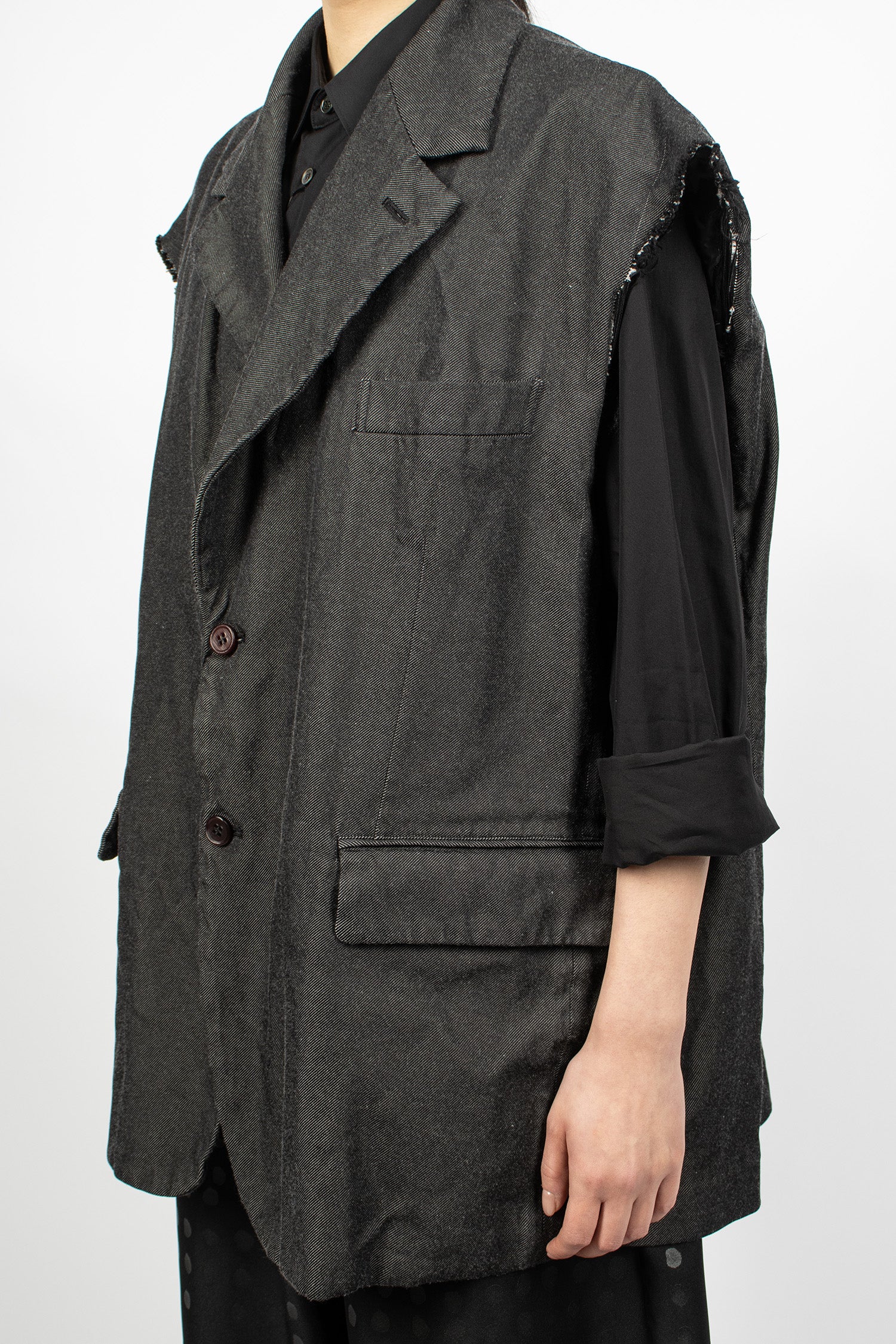 Distressed Sleeveless Jacket Black Twill