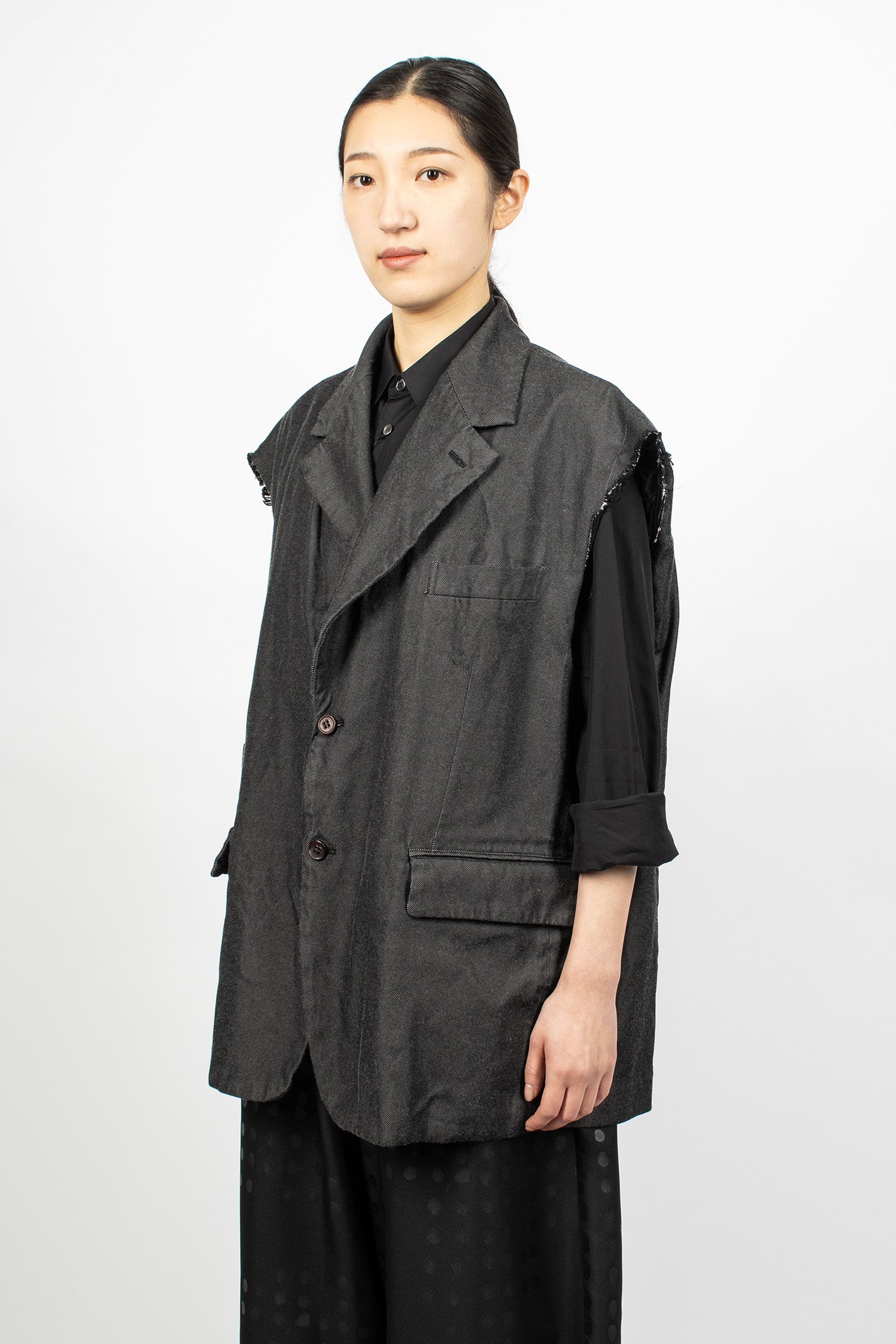 Distressed Sleeveless Jacket Black Twill