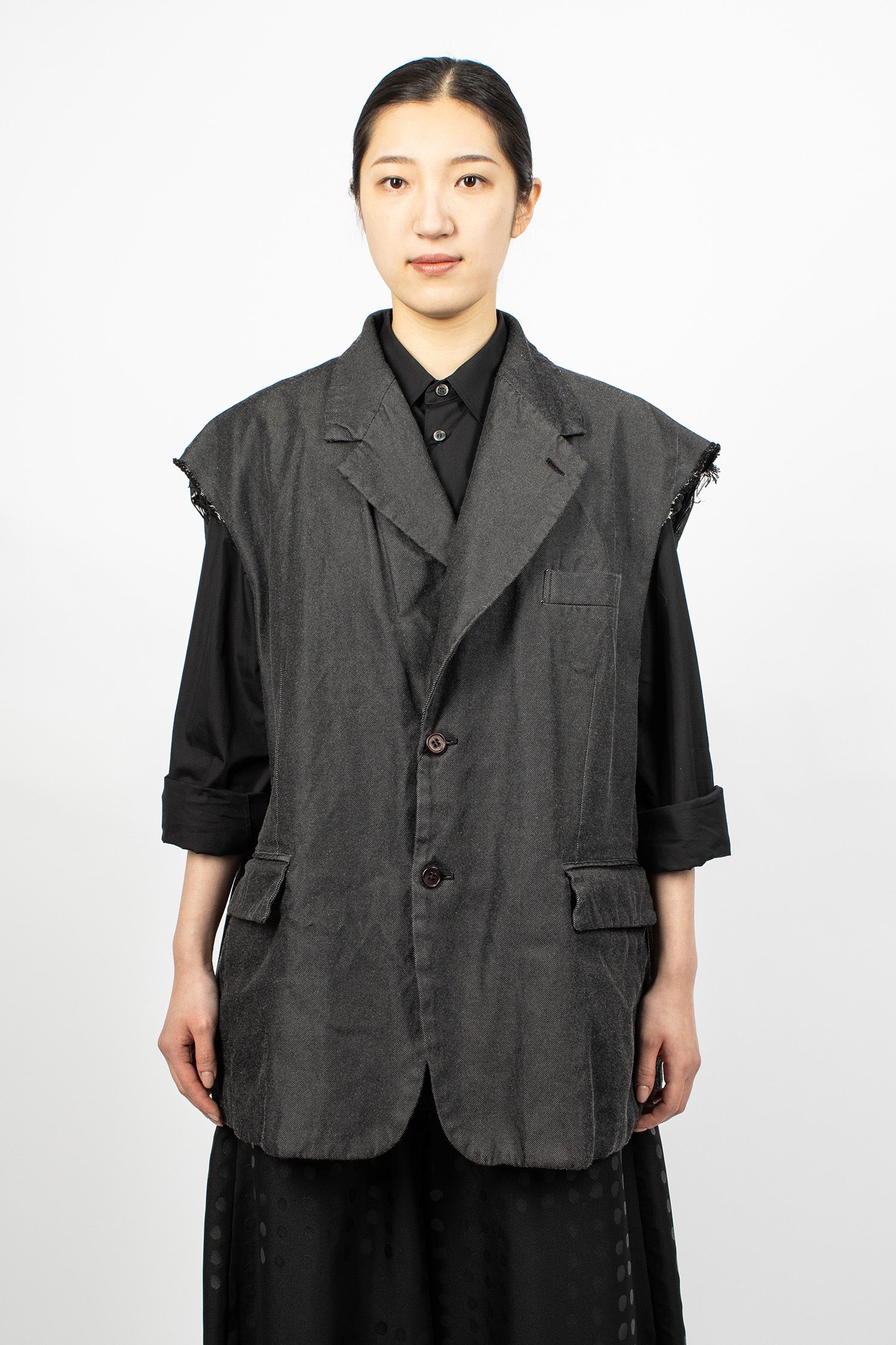 Distressed Sleeveless Jacket Black Twill