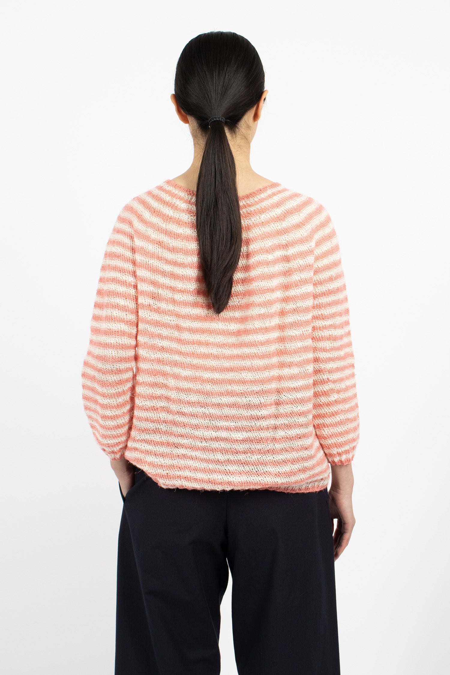 Hand-Knitted Crew Neck Sweater Pink/White