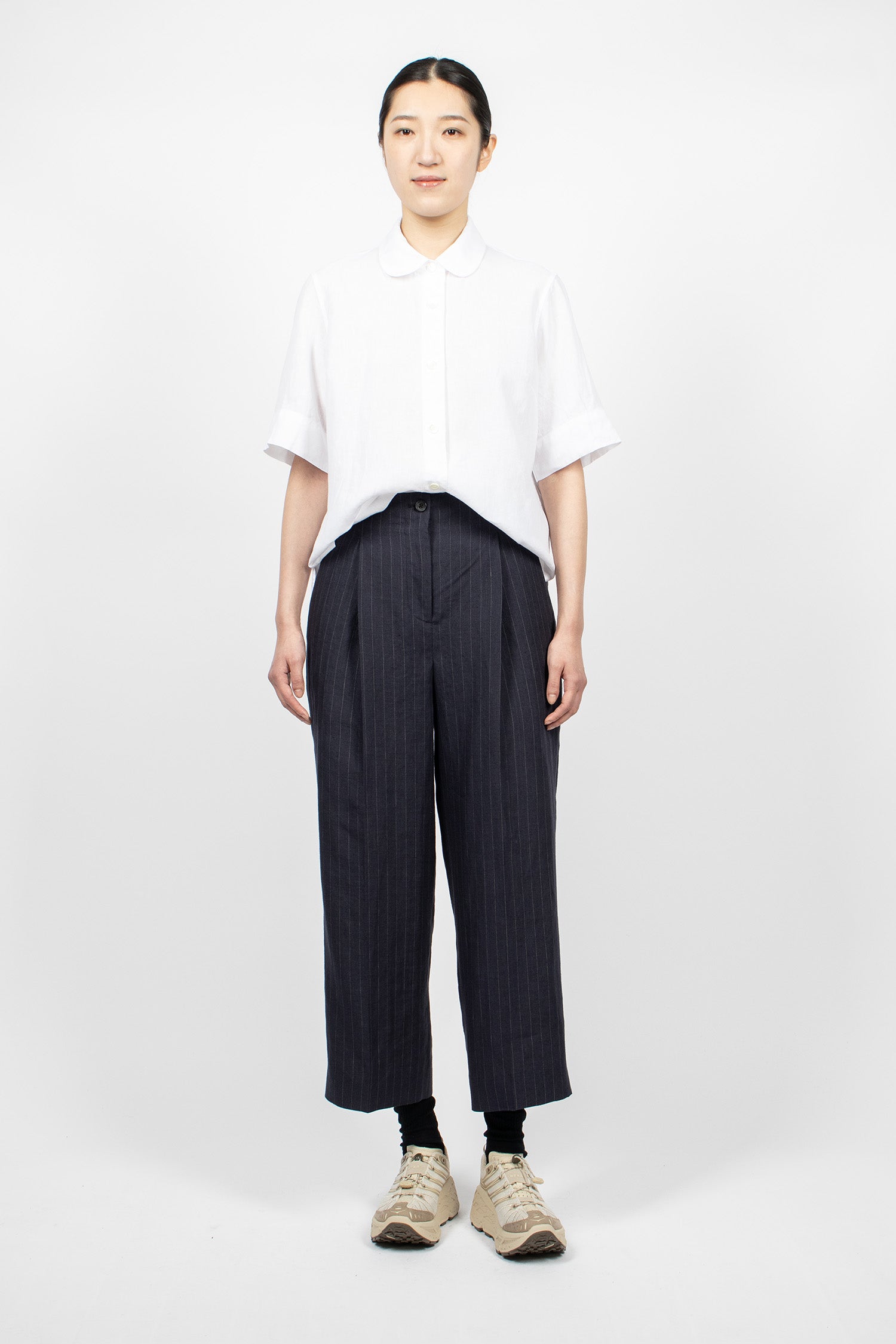 Pleated Front Cropped Trousers Navy/Grey