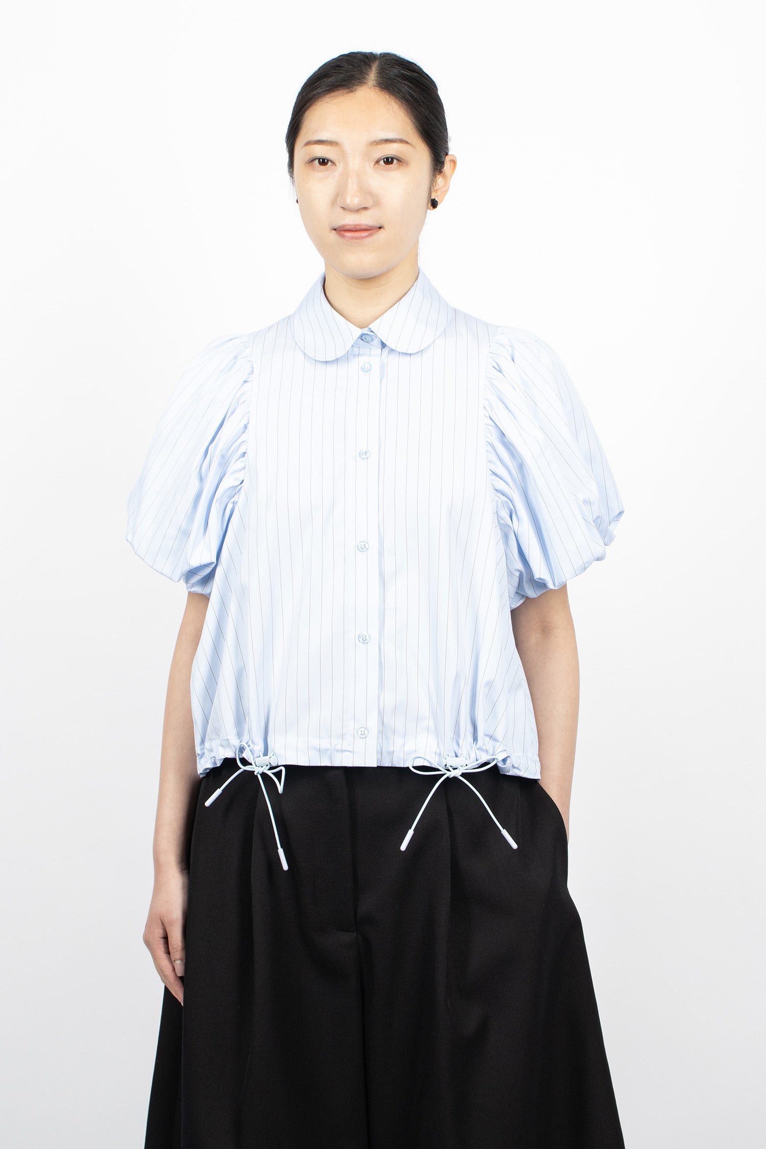 Cropped Toggle Puff Sleeve Shirt Blue