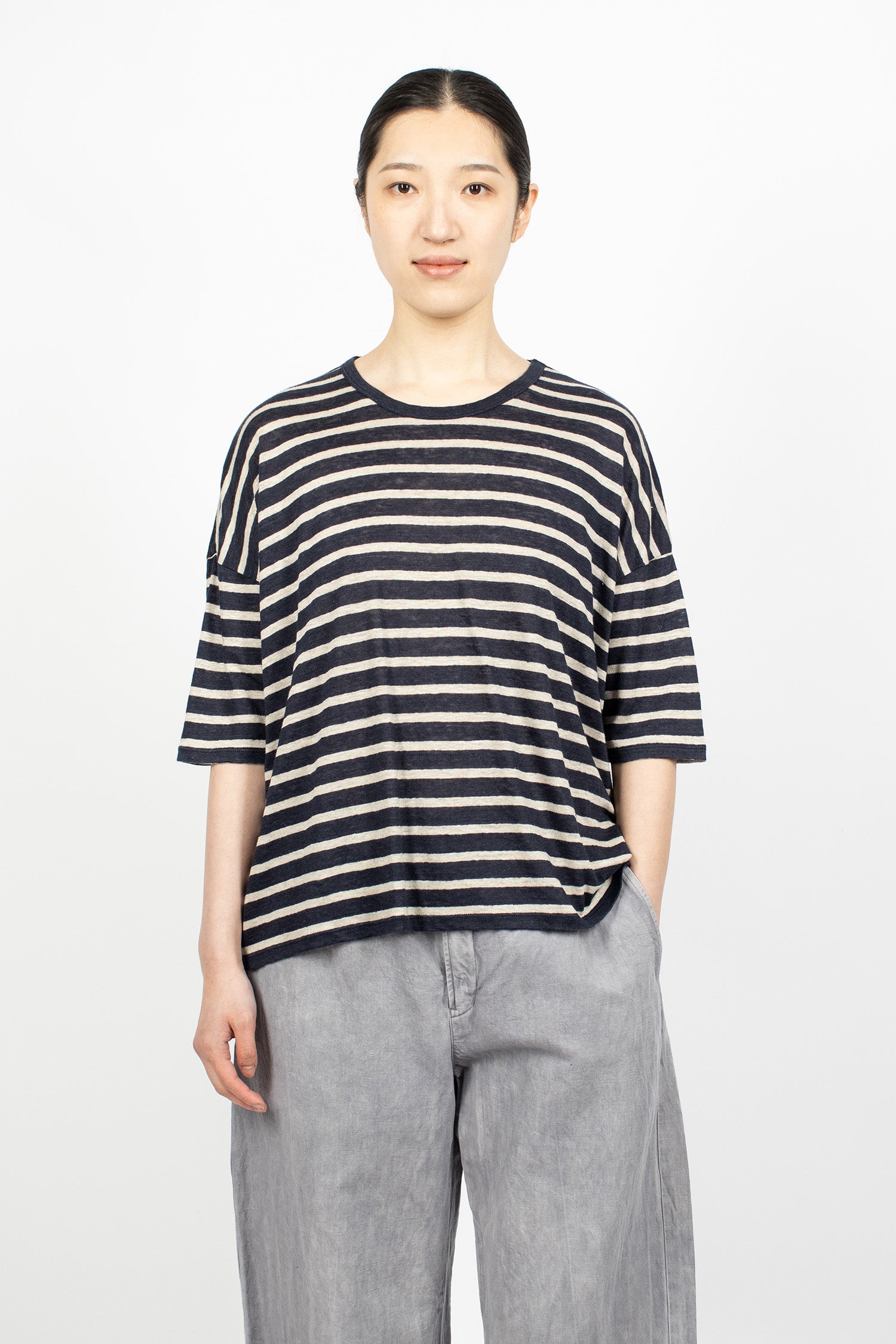 Linen Plainstitch Border Stripe T-Shirt Navy