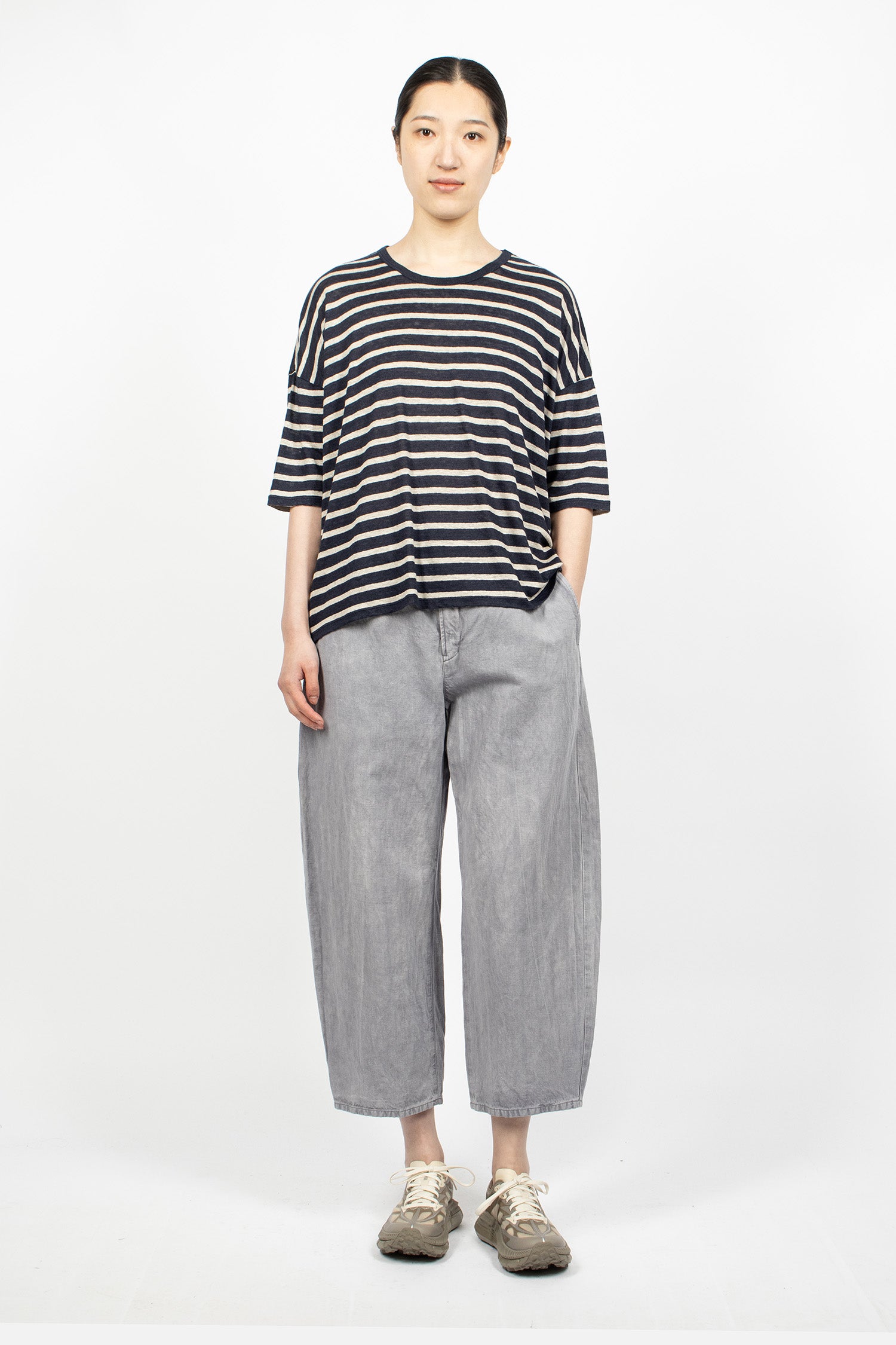 Linen Plainstitch Border Stripe T-Shirt Navy