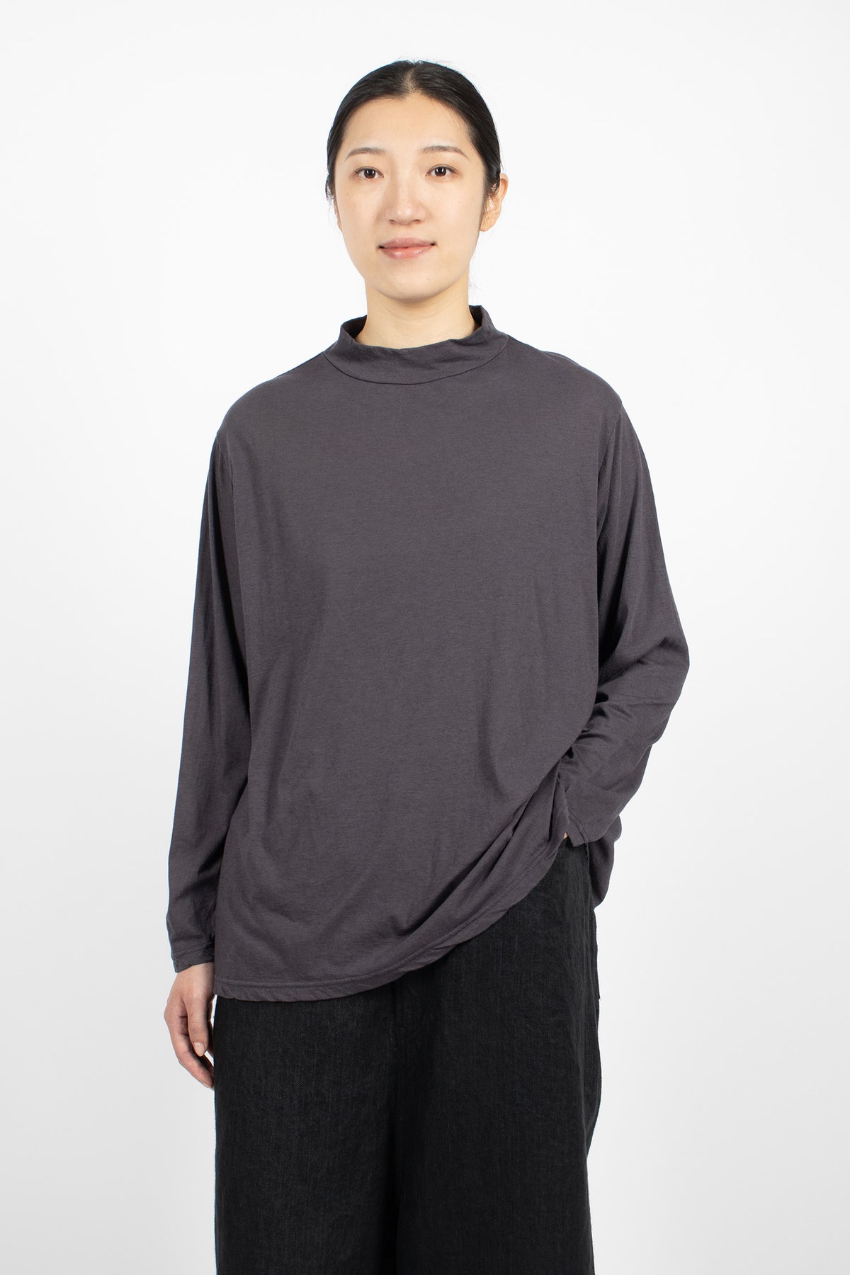 Cotton Silk Plainstitch Mock Neck Pullover Navy