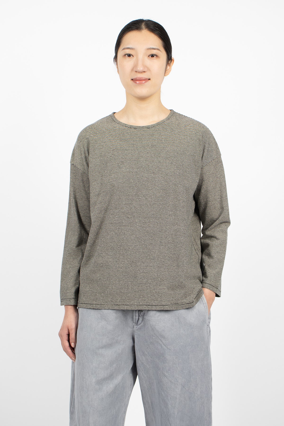 Cotton Hemp Plainstitch L/S T-Shirt Black Stripe