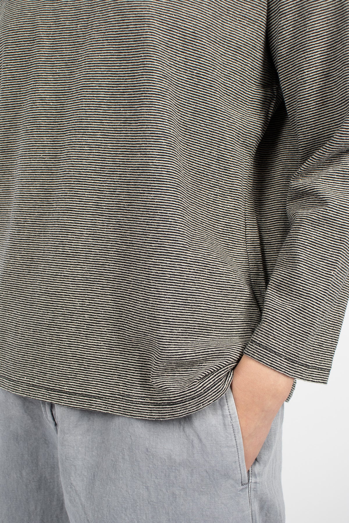 Cotton Hemp Plainstitch L/S T-Shirt Black Stripe