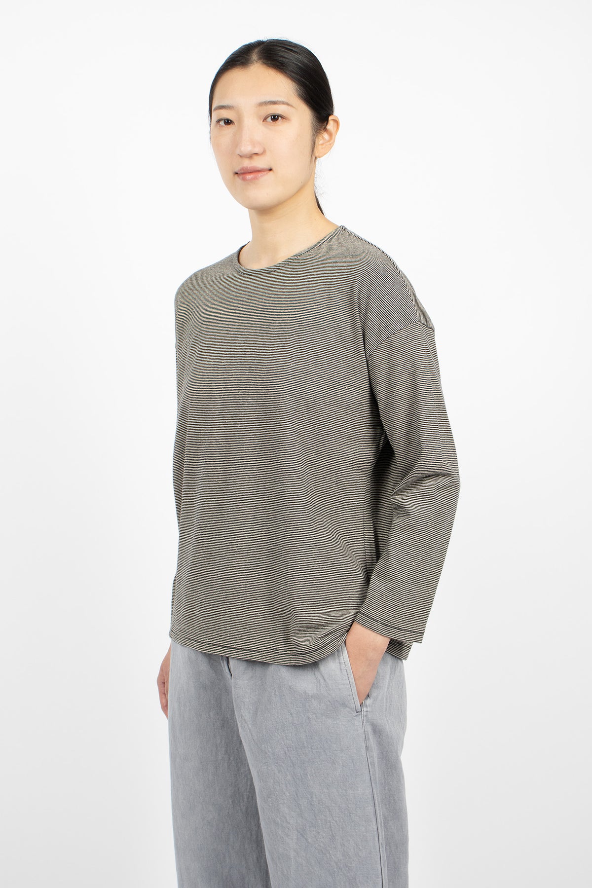 Cotton Hemp Plainstitch L/S T-Shirt Black Stripe