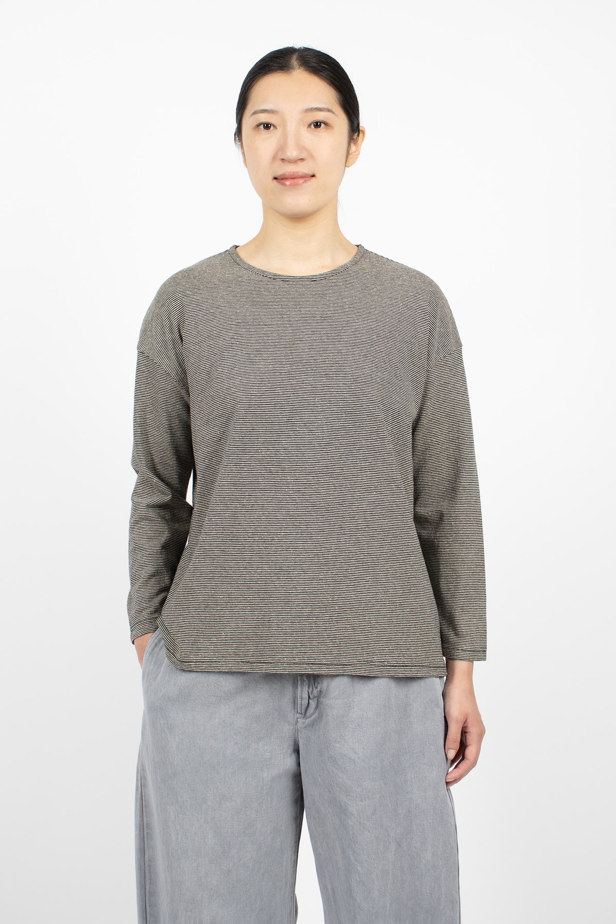 Cotton Hemp Plainstitch L/S T-Shirt Black Stripe