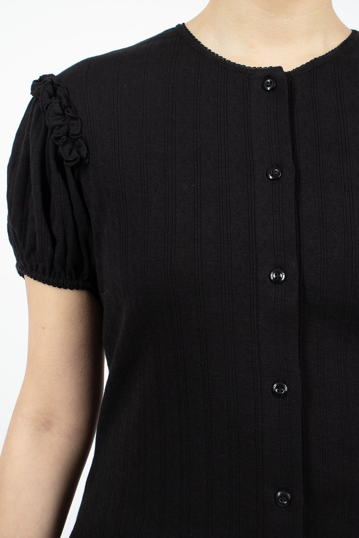 Pointelle Puff Sleeve Cardigan Black/Pearl