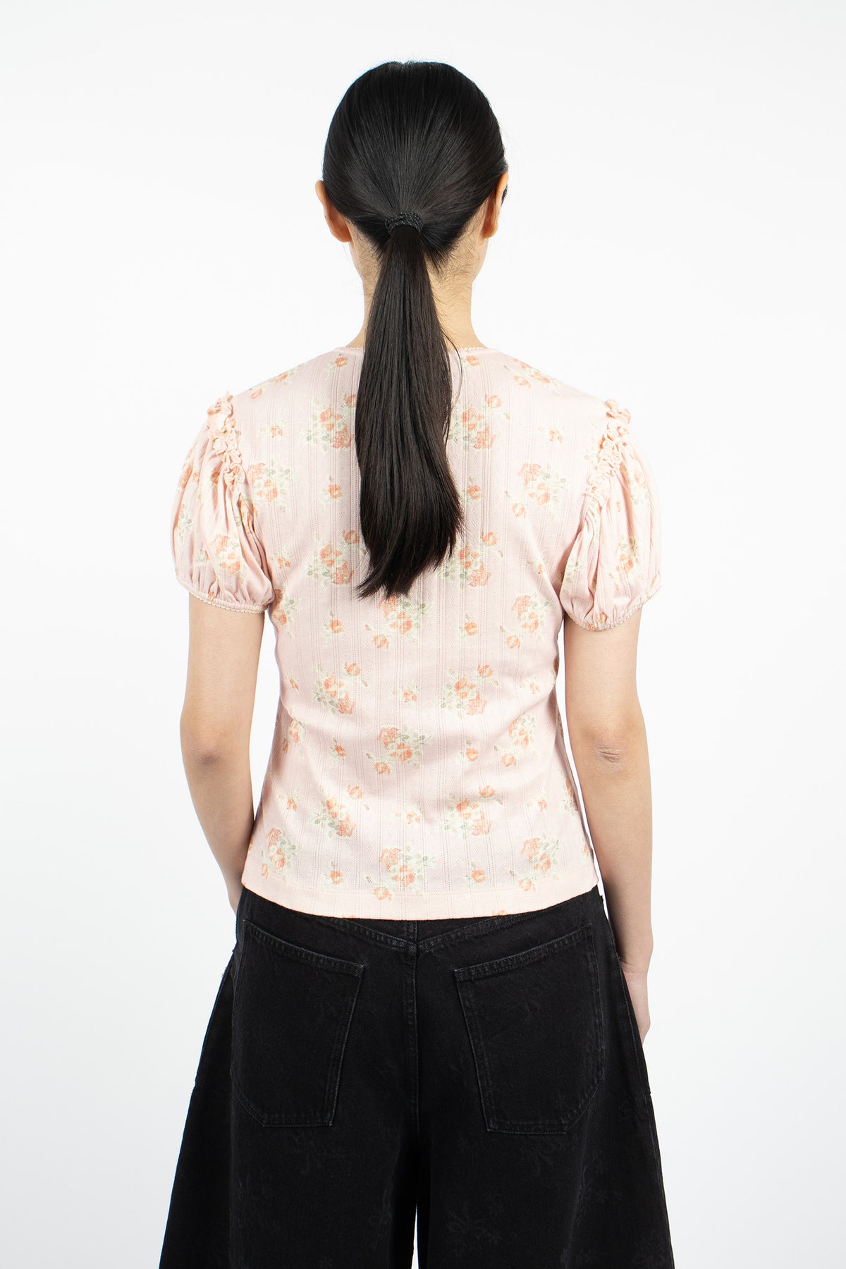 Pointelle Puff Sleeve Cardigan Pale Pink/Rose Multi