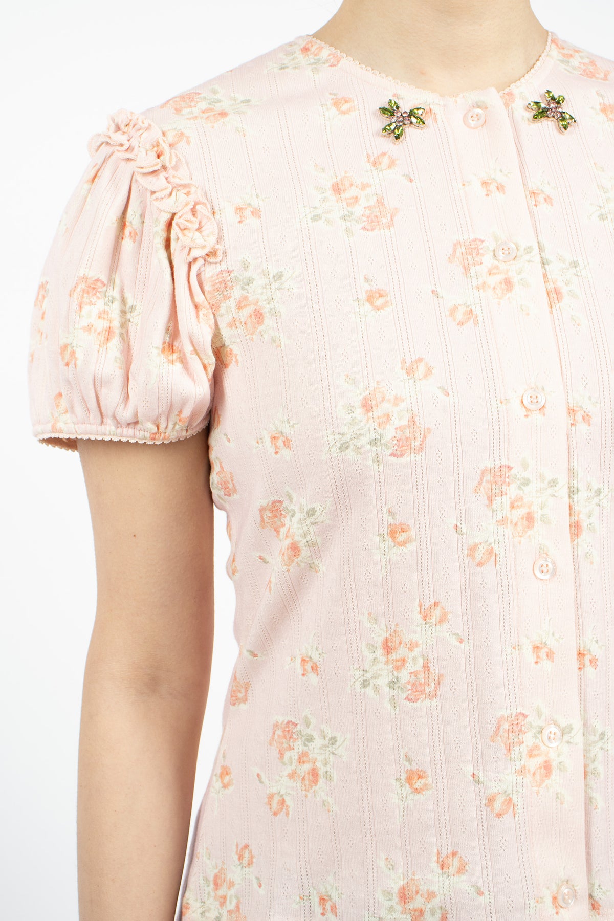 Pointelle Puff Sleeve Cardigan Pale Pink/Rose Multi