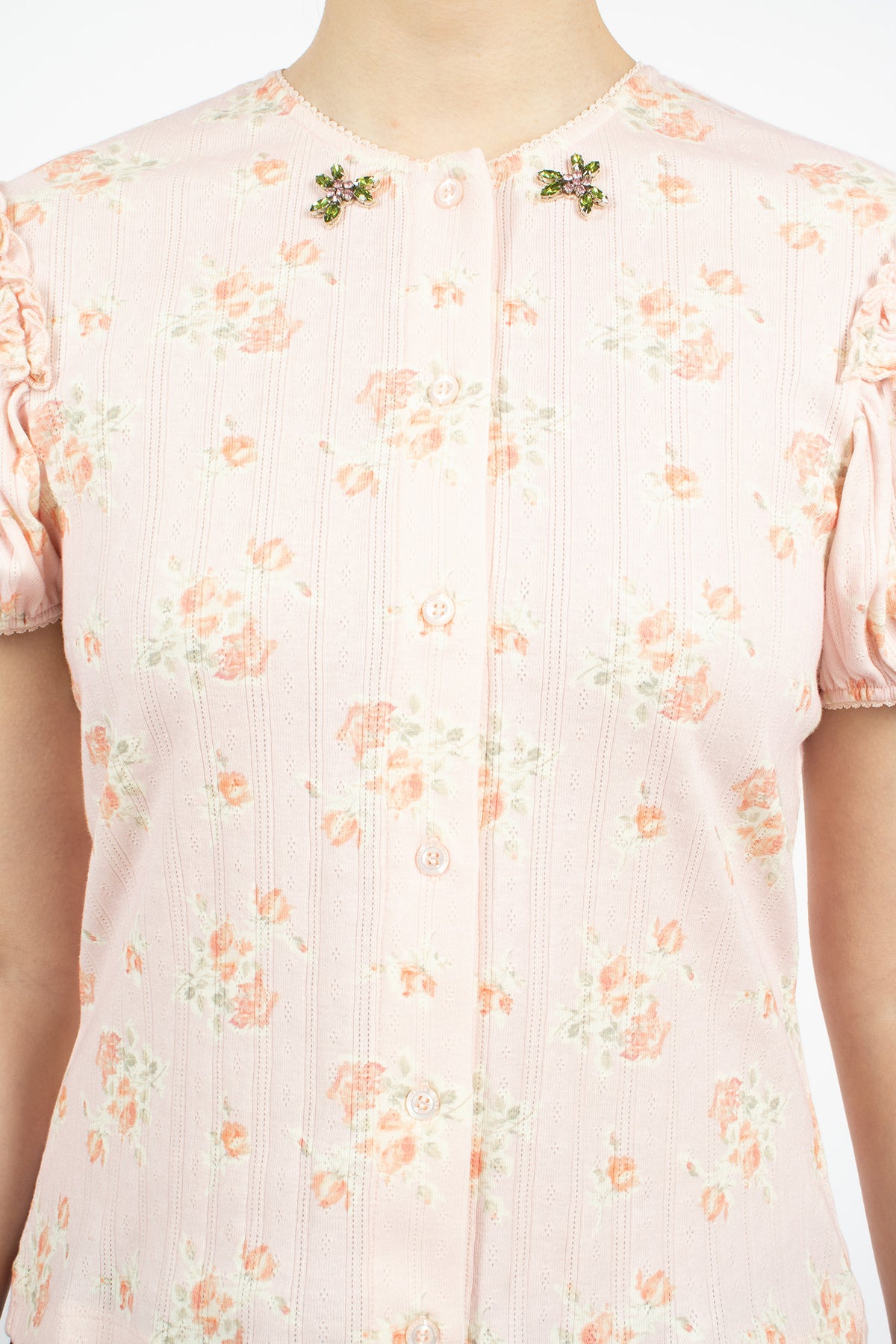 Pointelle Puff Sleeve Cardigan Pale Pink/Rose Multi