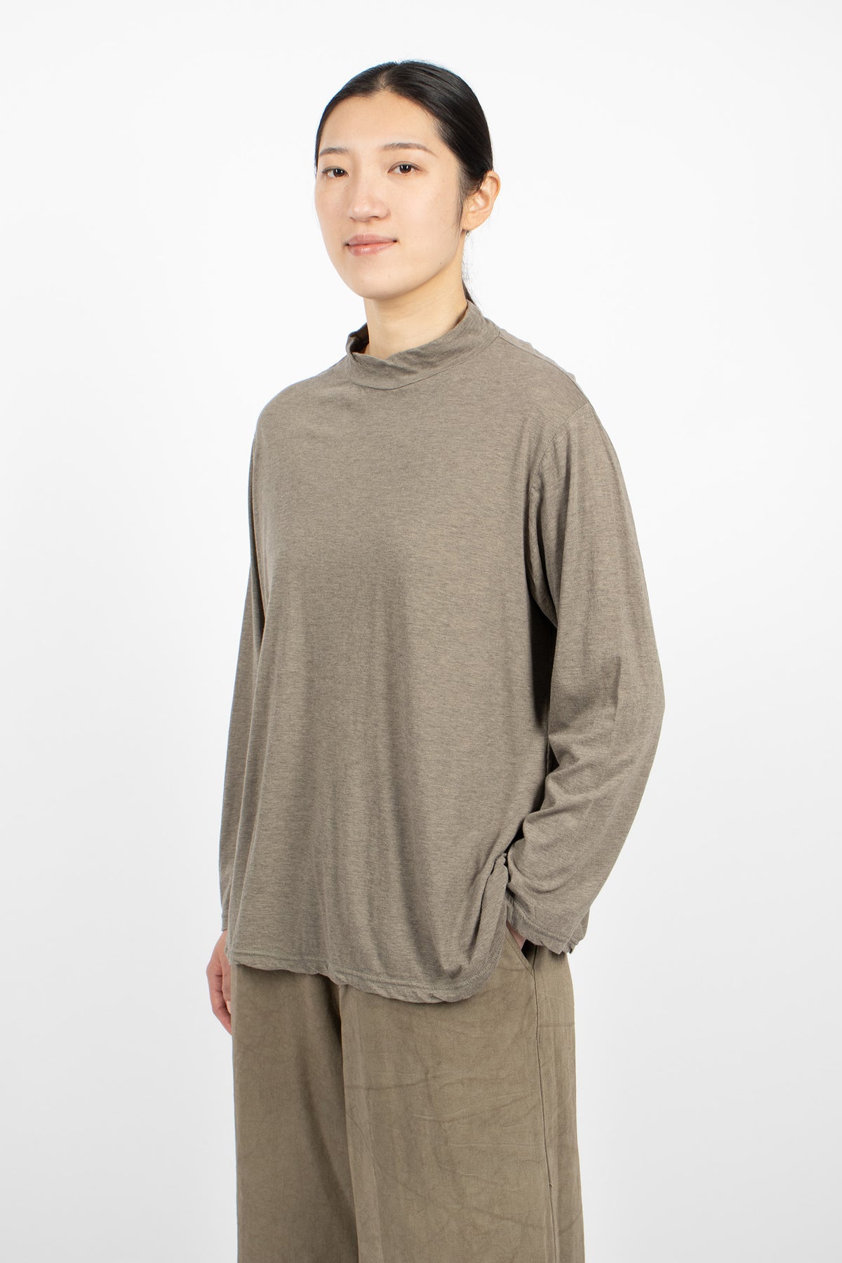 Cotton Silk Plainstitch Mock Neck Pullover Grey-Olive