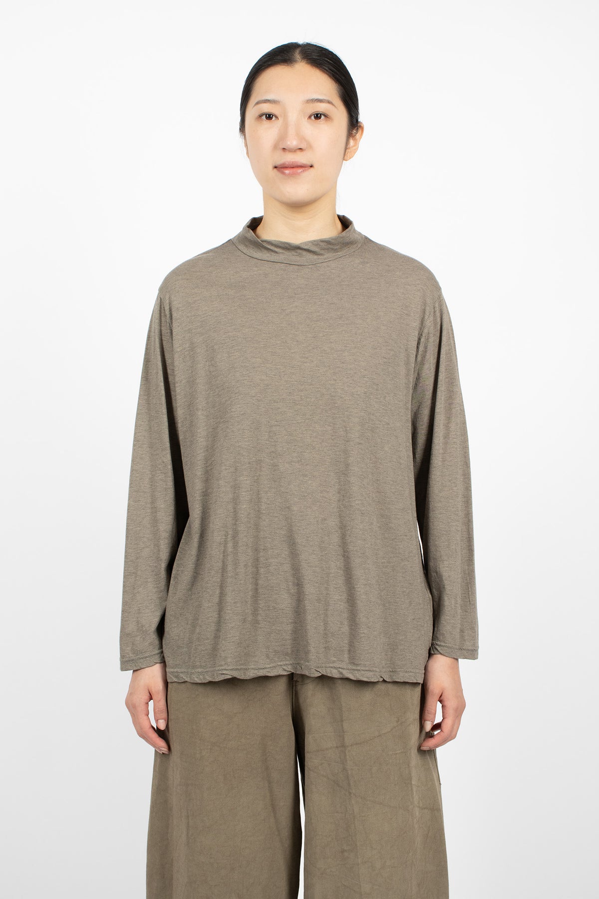 Cotton Silk Plainstitch Mock Neck Pullover Grey-Olive